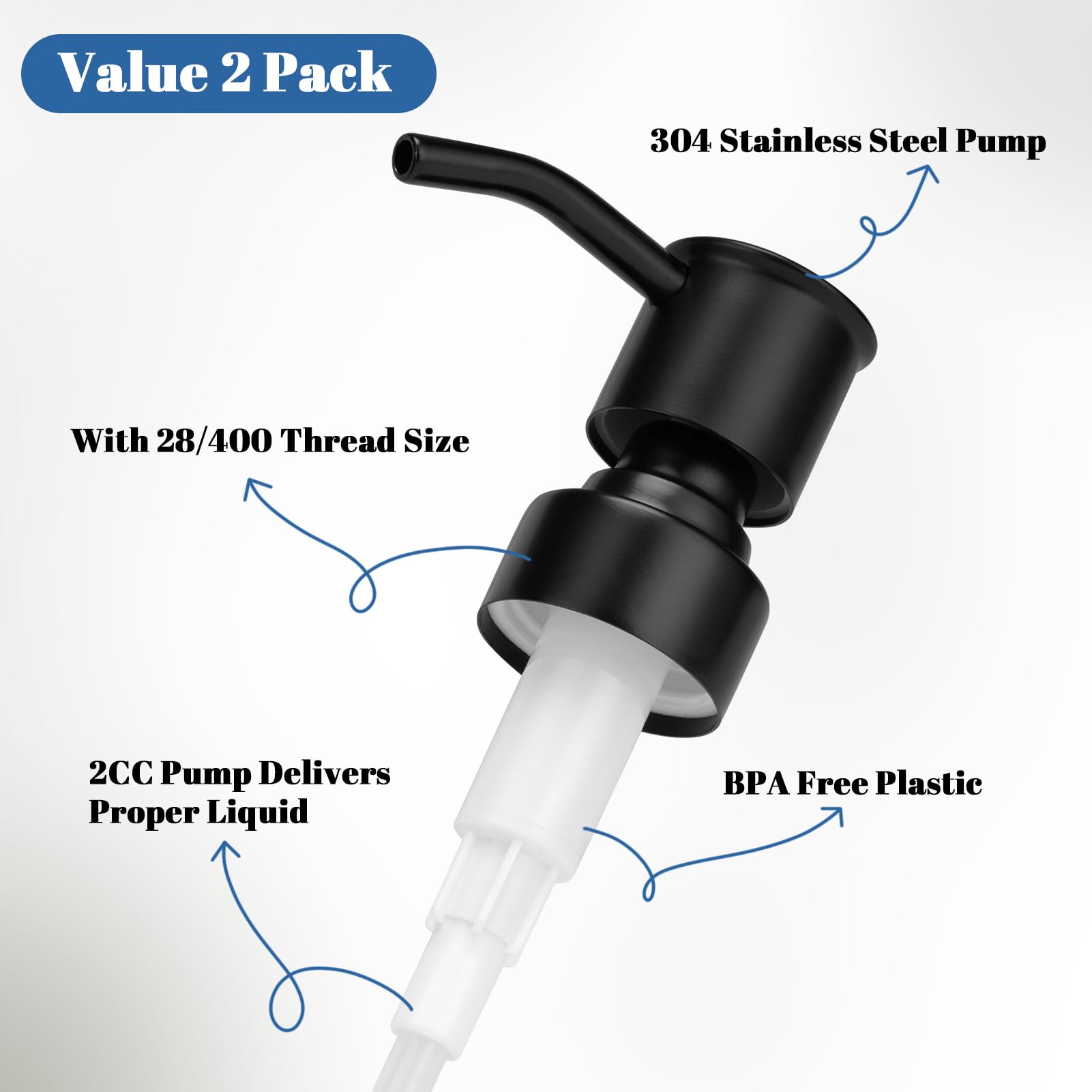 2 Pack Black 304 Stainless Steel Soap Dispenser Pump Replacement Standard 28 (2 Count)