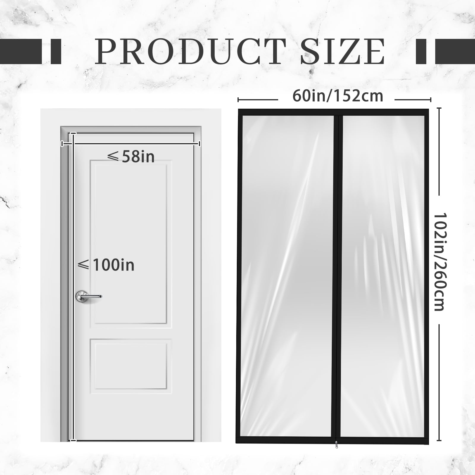 2 Pack Zipper Dust Barrier Door Kit 60 x 102 Inch with Double Sided Zipper Reusable Construction Temporary Wall Clear Plastic Standard Doorway Screen Sheeting Black Trim for Hallway Renovation