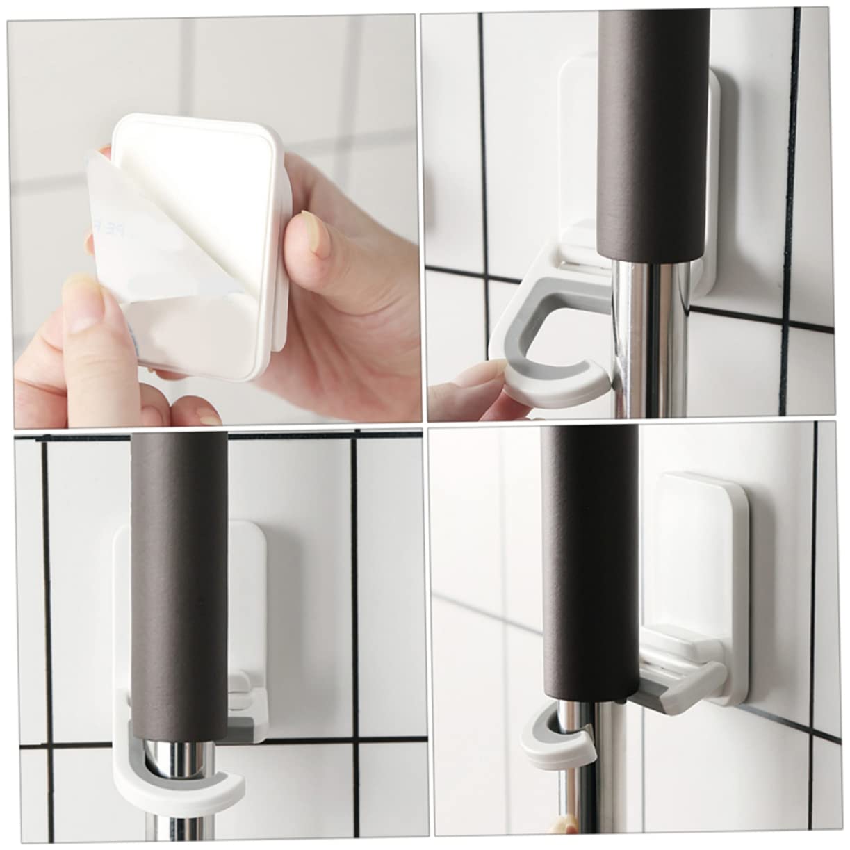 3pcs Punch Wall Mounted Mop Organizer Broom Hooks Space Saving Mop Holder for Home Kitchen Bathroom Adhesive Rack