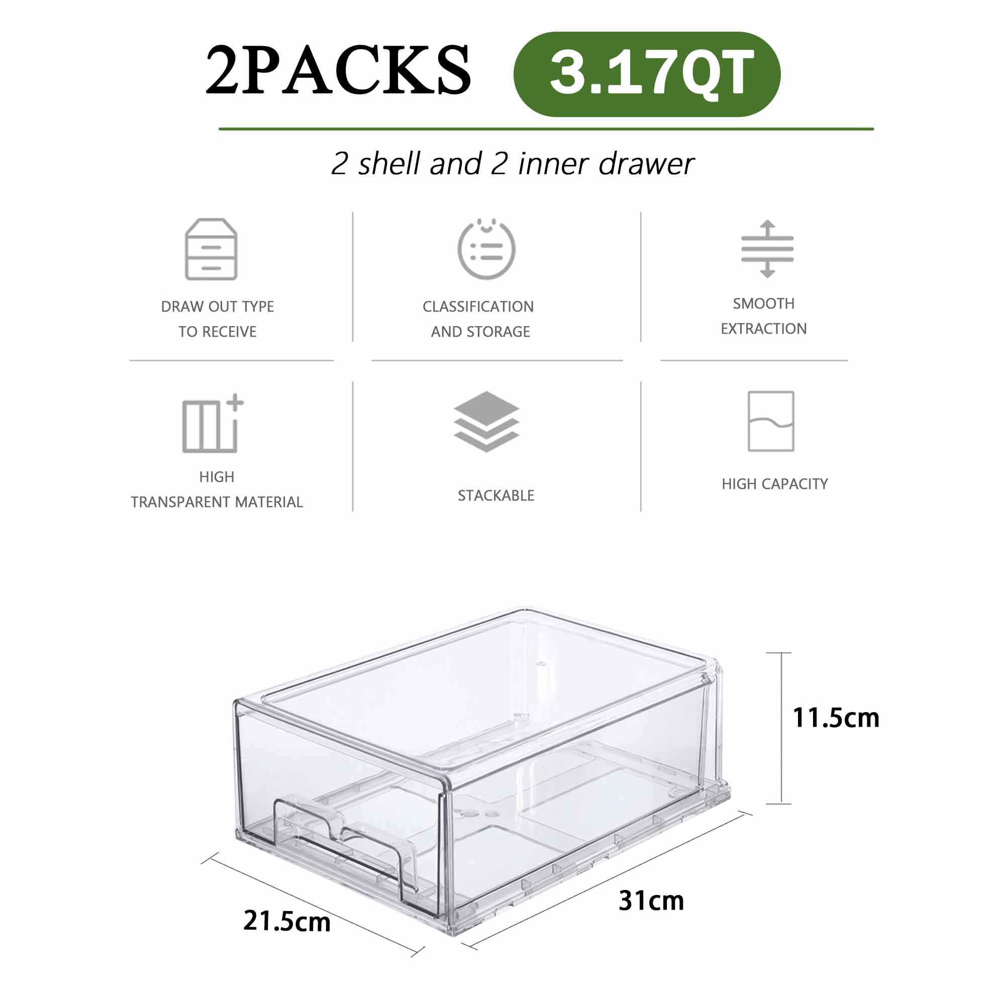 2 Pack Stackable Clear Drawer Organizer (2 Count)