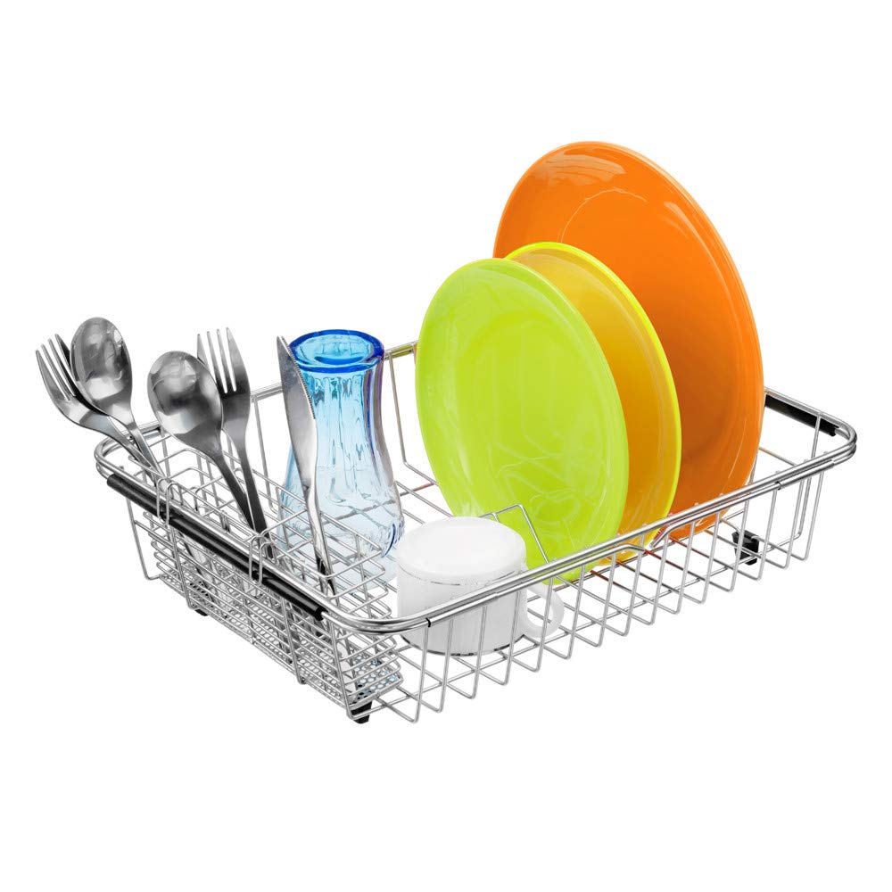 Dish Drying Rack with Stainless Steel Utensil Holder Large Dish Rack Drainer Drain Expandable Shelf Dish Rack in Sink or Over Sink or On Counter Rustproof Stainless Steel