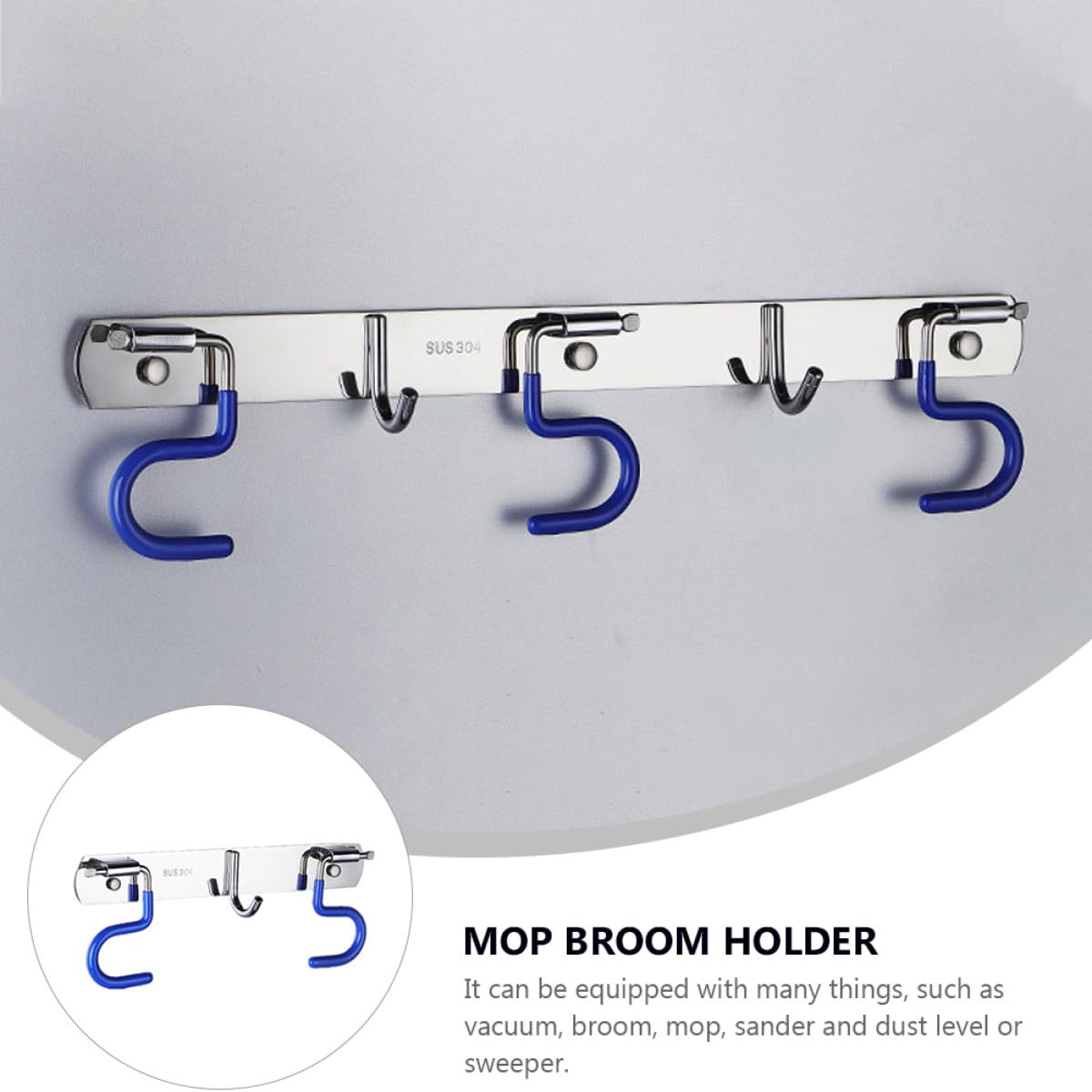 304 Stainless Steel Mop and Broom Holder Wall Mounted Rack with 2 Mop Grippers and 1 Hook