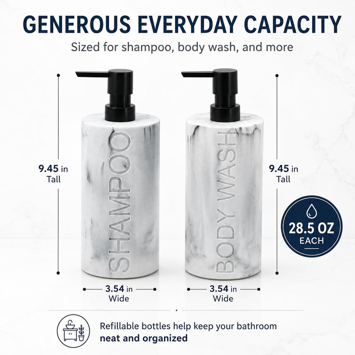 Marble Resin 2 Piece Shampoo and Body Wash Dispenser Set