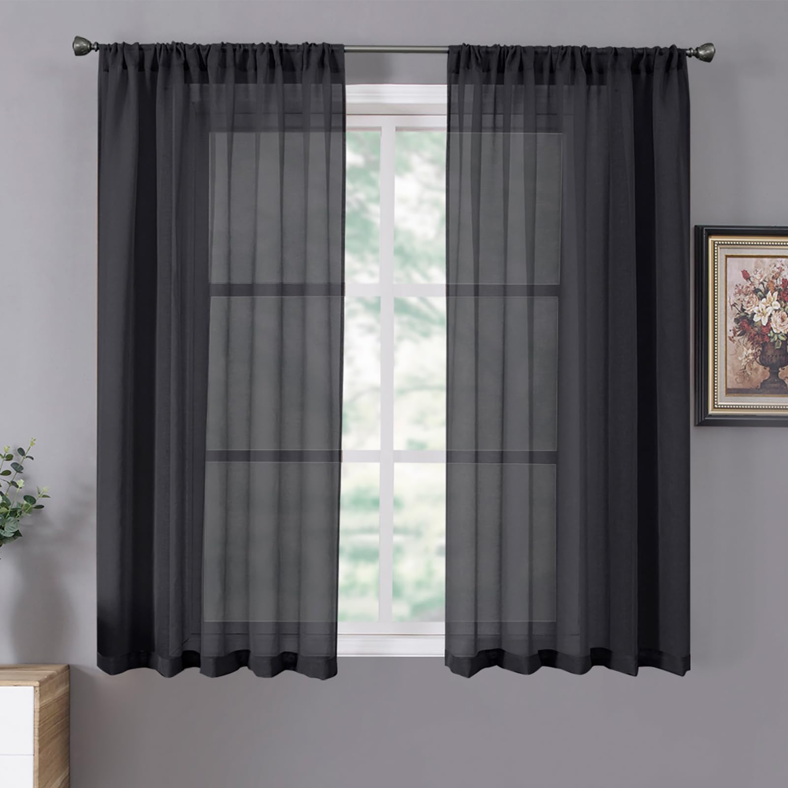 Short Sheer Curtain Linen Textured Living Room Curtains Sheer Light Filtering Rod Pocket Voile Curtain for Bedroom
