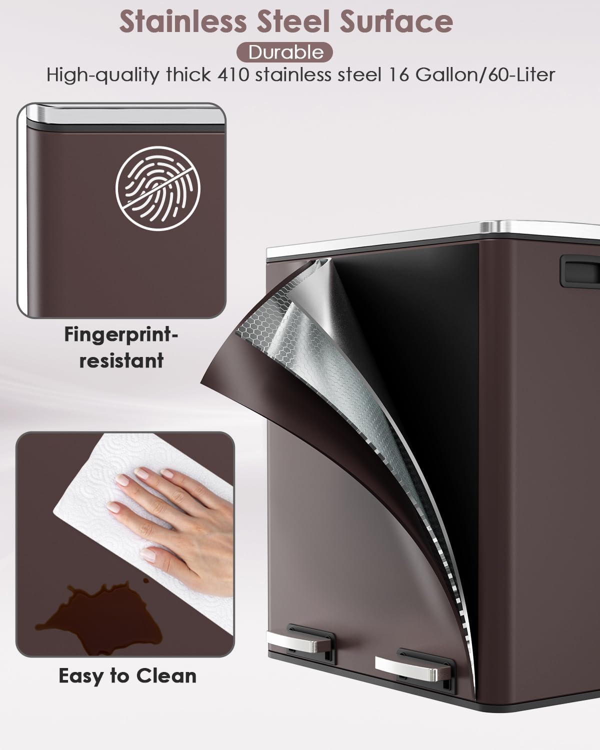 60L(16 Gal) Dual Trash Can, Stainless Steel Kitchen Garbage Can, Double Compartment Classified Rubbish Bin, Recycle Dustbin w/Plastic Inner Buckets, Handle, Soft-Close Lid, Airtight, Brown