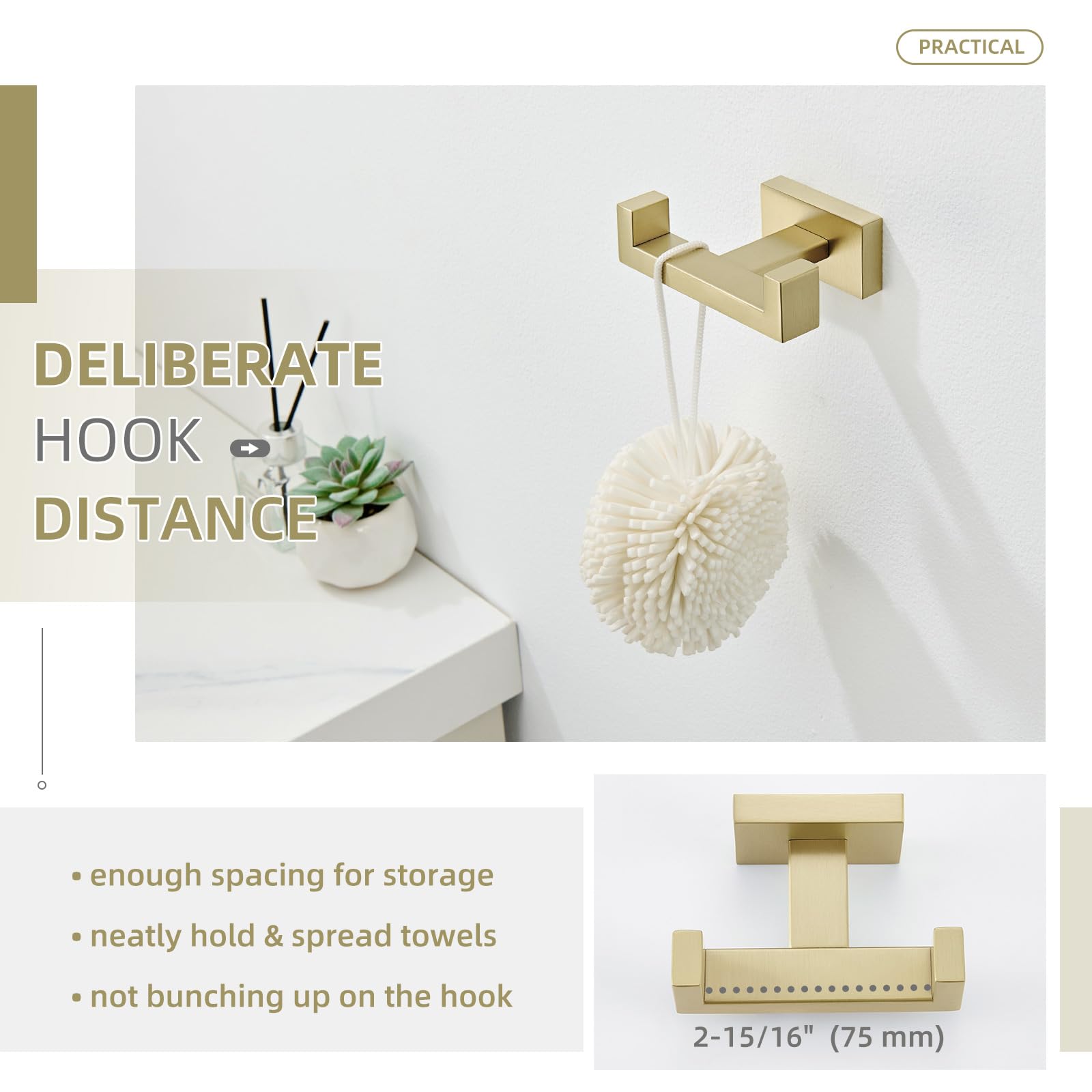 Double Towel Hook Brushed Gold