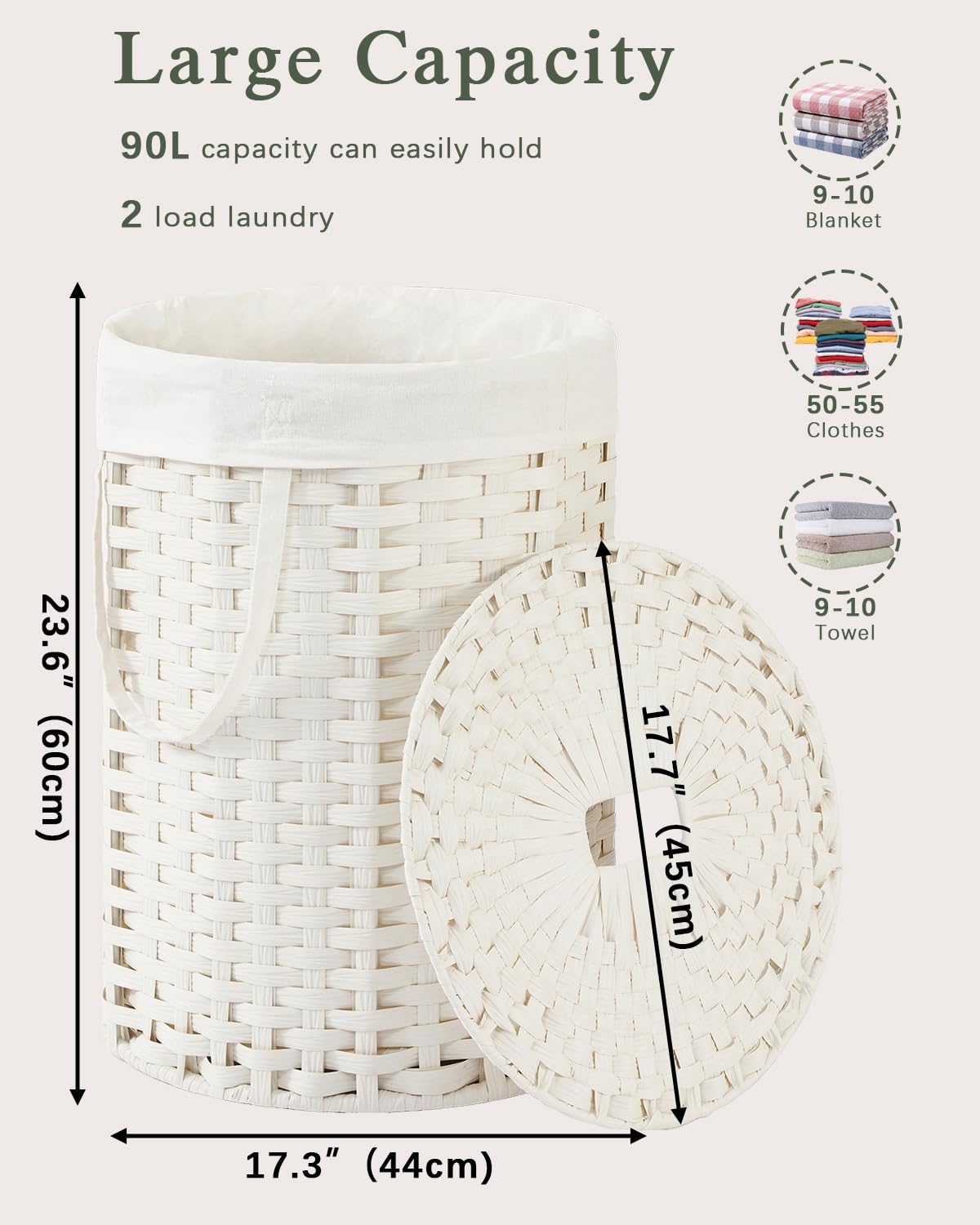 Laundry Hamper with Lid Round Laundry Basket 23.8 Gal White
