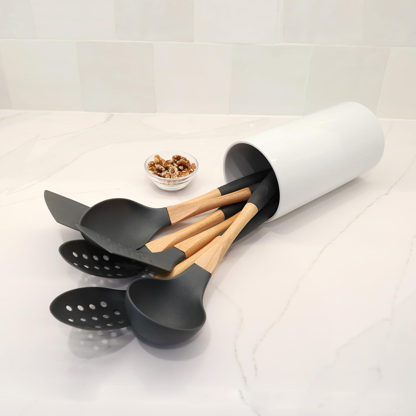 5pc Dark Grey Nylon Wooden Kitchen Utensils with Cooking Spoons