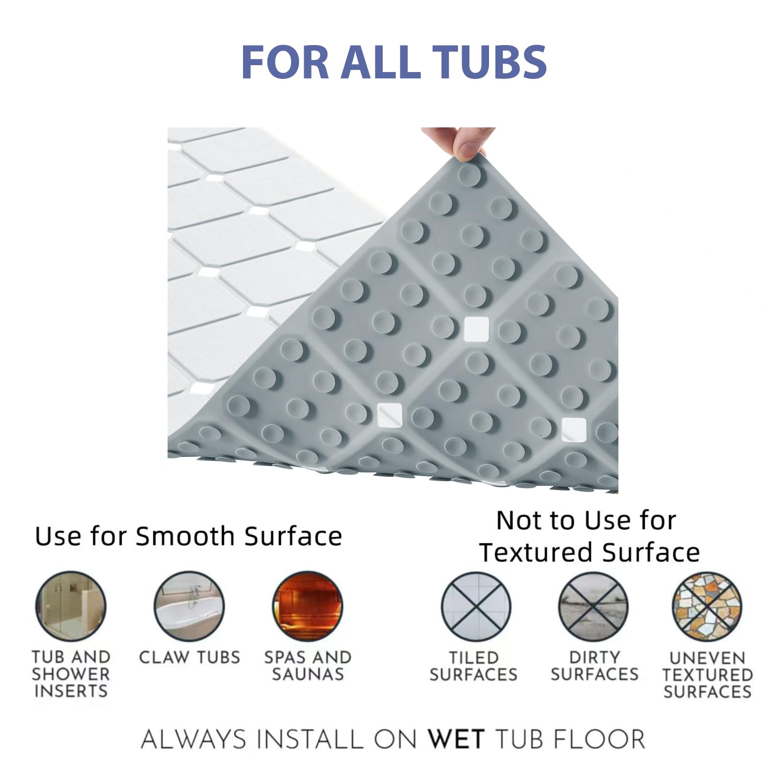Bathtub Mat Non Slip Silicone Foldable Extra Long Tub Mat Strong Suction Cups & Large Drain Holes