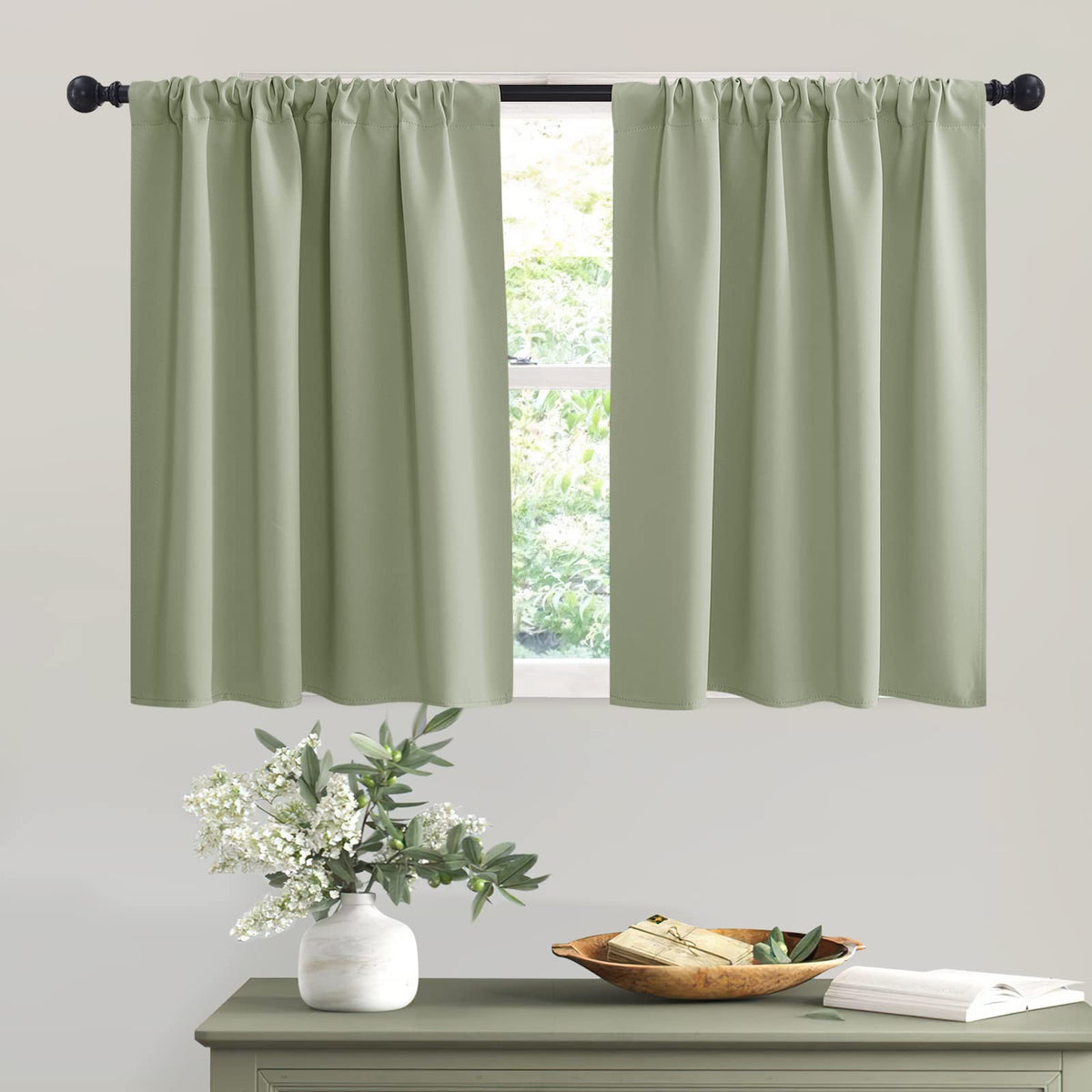 Short Sage Green Blackout Curtains for Small Bedroom Window Cafe