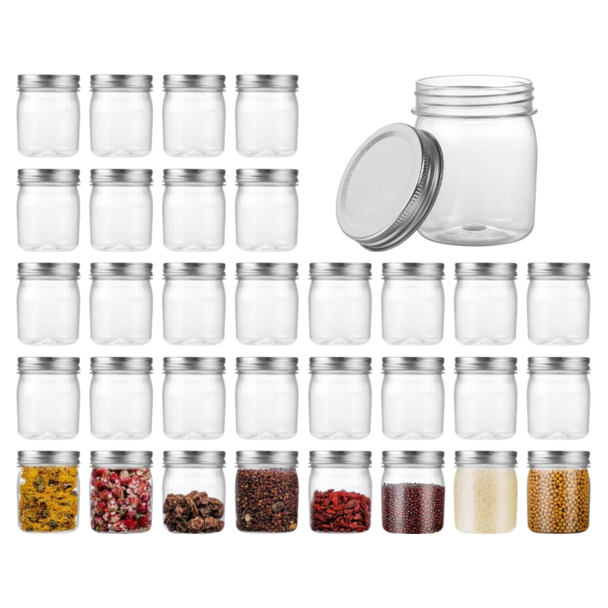Plastic 32 Pack Mason Jars 8Oz Reusable Storage Containers with Lid