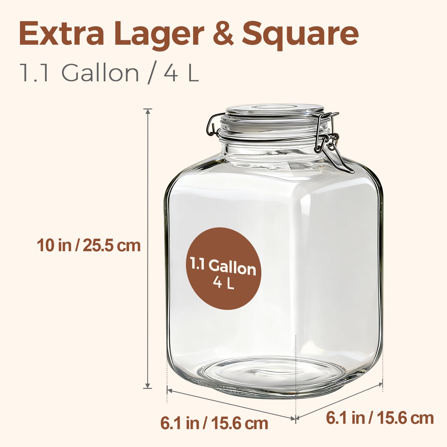 Square Glass Pantry Jars with Airtight Lids 1.1 Gallon 2 Pack Large (2 Count)