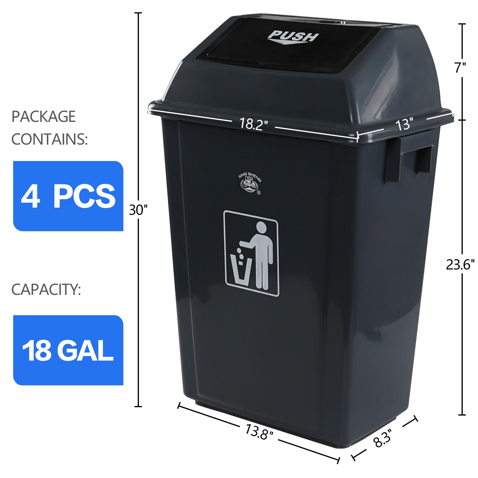 18 Gallon Plastic Trash Can with Swing Lid (4 Count)