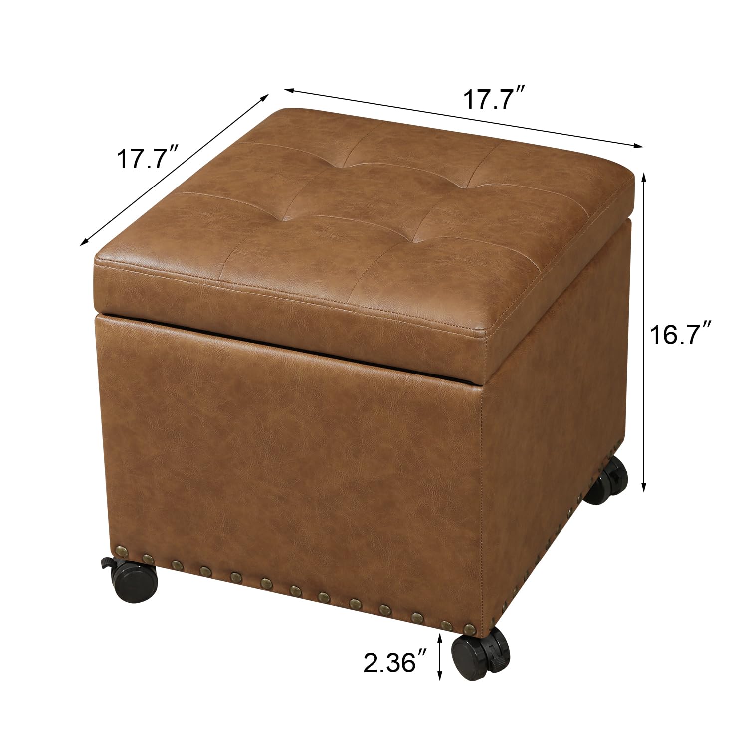 16.7" H Vintage Golden Brown Leather Storage Ottoman with 360 Caster Wheels