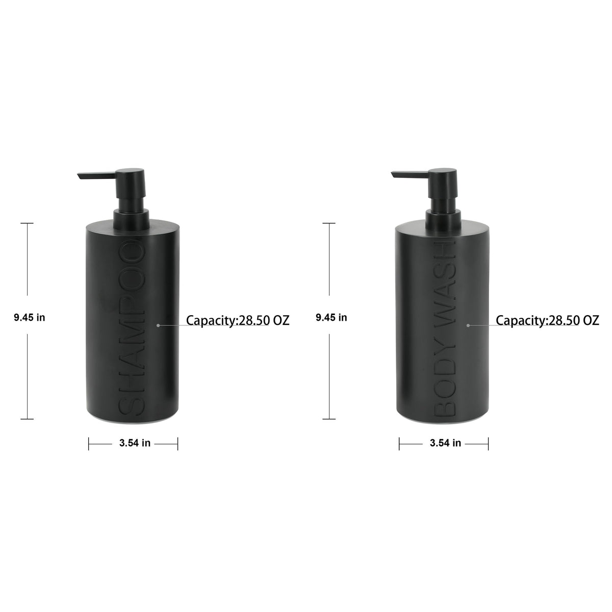 2 Pack Matte Black Resin Refillable Shampoo & Body Wash Bottles