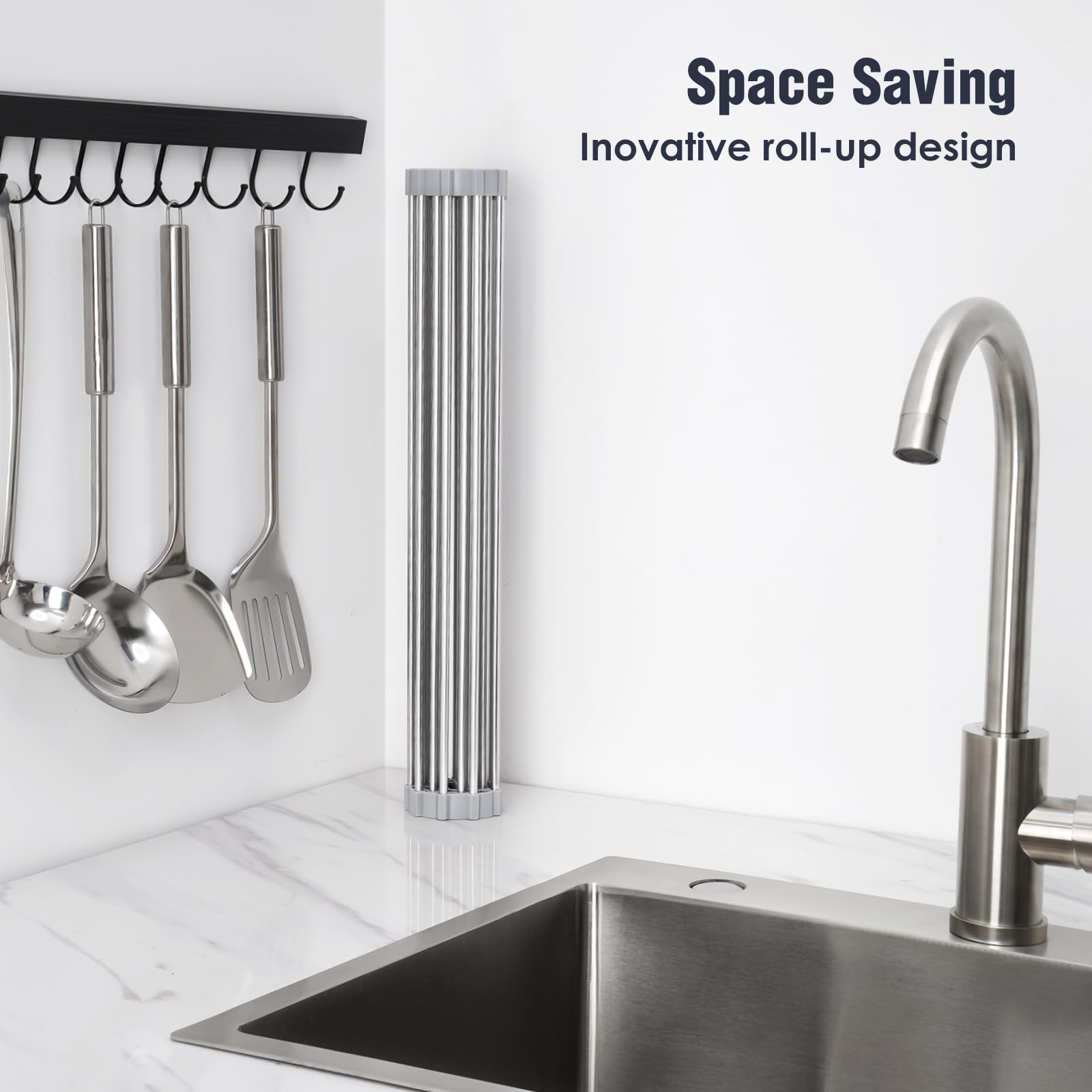 17.7" x 15.5" Roll Up Dish Drying Rack Over Sink Drying Rack Sink Cover Kitchen Sink Accessories Gadget Multipurpose Organizer Foldable Stainless Steel Drainer
