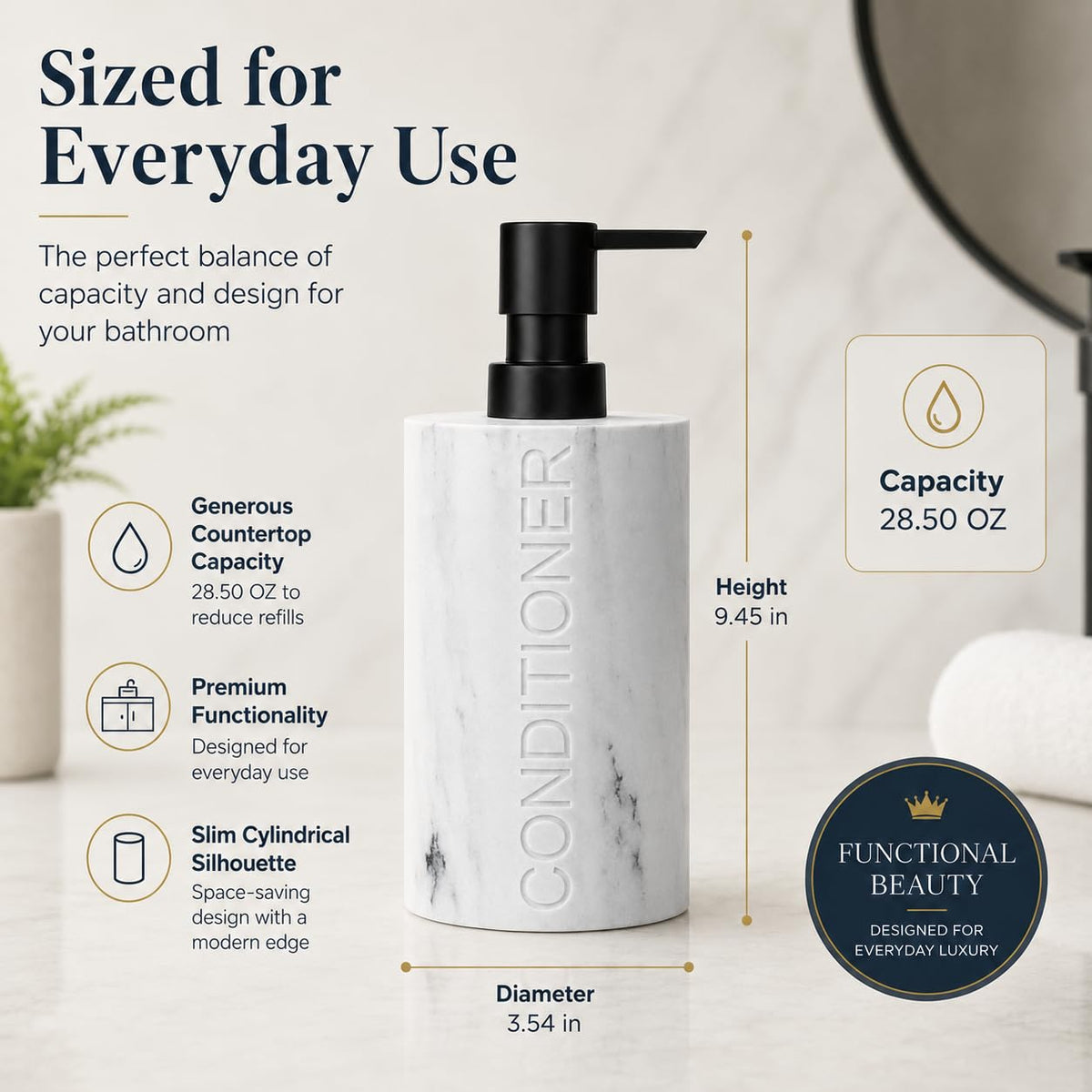 Conditioner Dispenser Luxurious Refillable Pump Bottle with Embossed Text
