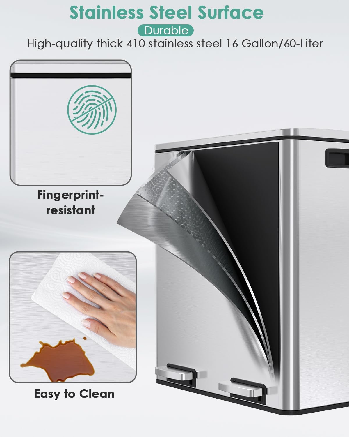 60L(16 Gal) Dual Trash Can, Stainless Steel Kitchen Garbage Can