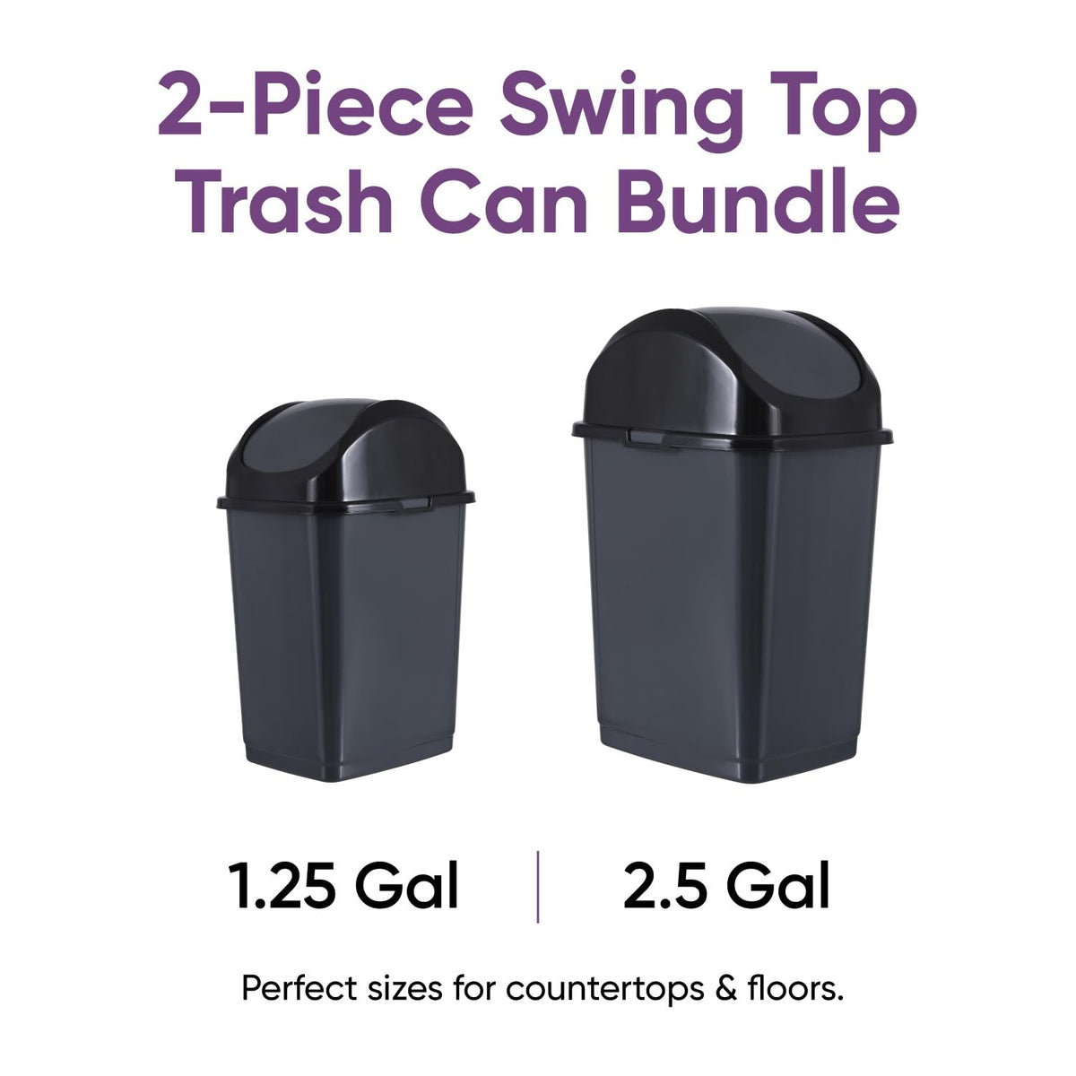 Mini 1.25 Gallon and Small 2.5 Gallon Plastic Trash Cans with Swing Top Lid (2 Count)