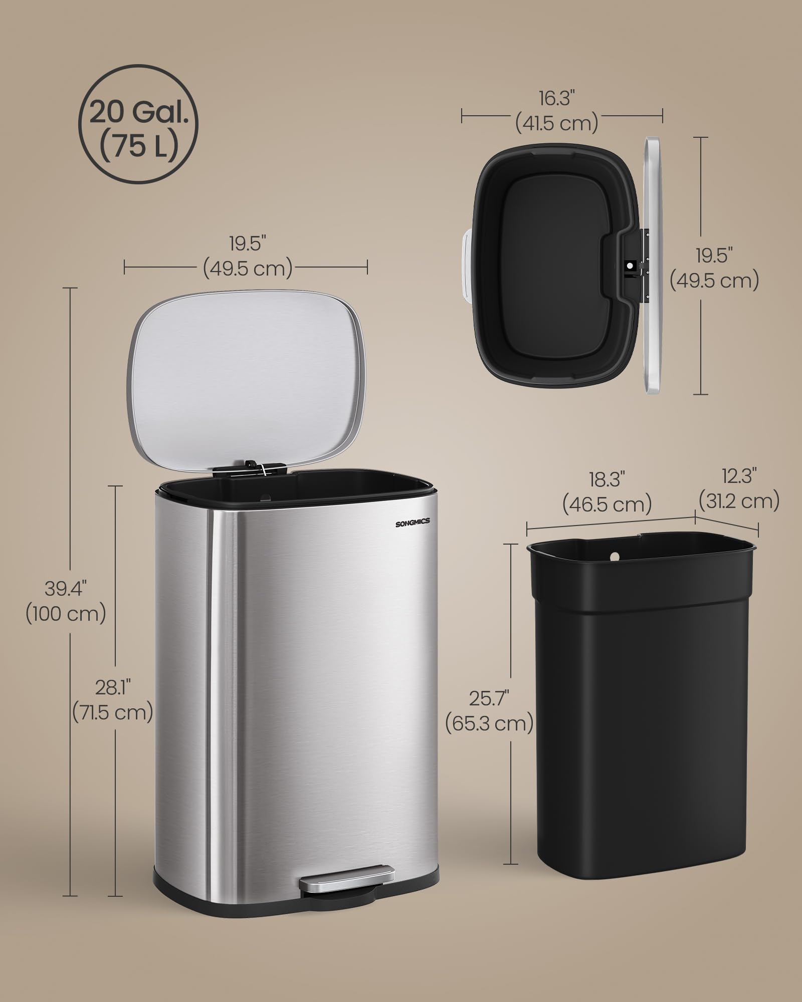 20-Gallon (75 L) Trash Can, Stainless Steel Kitchen Garbage Can, Recycling or Waste Bin, Soft Close, Step-On Pedal, Removable Inner Bucket, Silver ULTB075EZ01