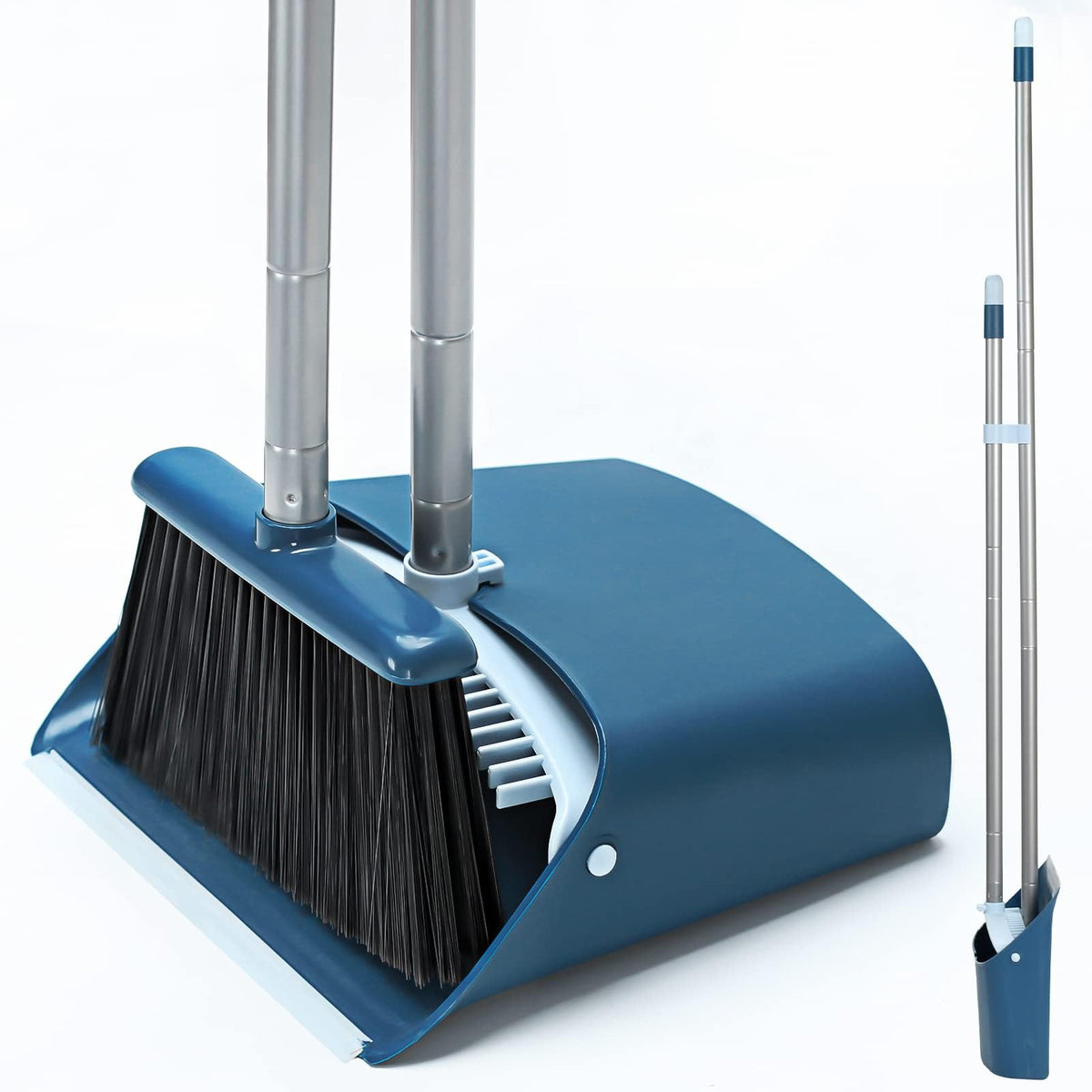 Standing Dustpan and Broom Set with 52 Inch Long Extendable Handle for Cleaning Home
