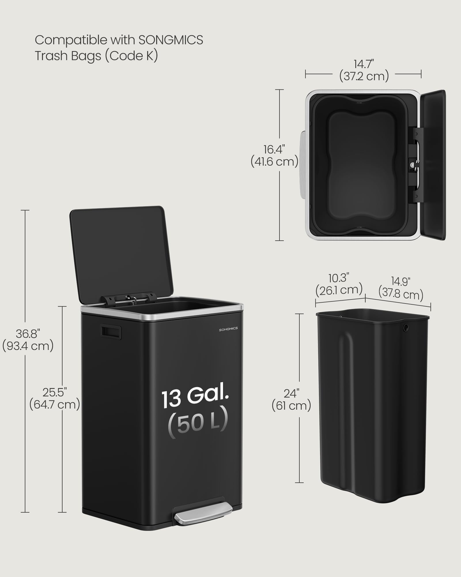 Trash Can, 13-Gallon, Steel, Soft-Close Lid