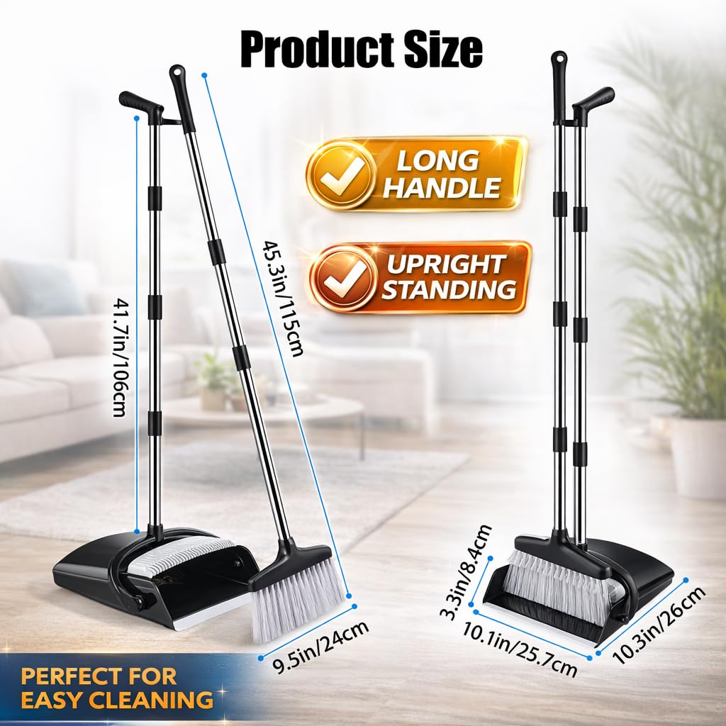 Broom and Dustpan Set with Long Handle and 6 Bonus Cleaning Tools