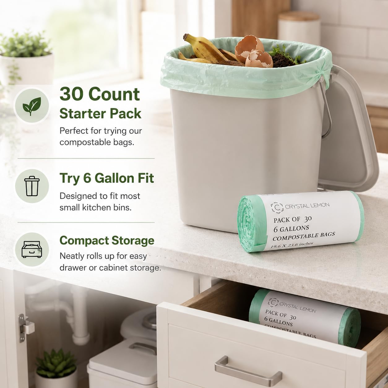 30 Count 6 Gallon Compostable Trash Bags for Kitchen Food Waste and Scraps