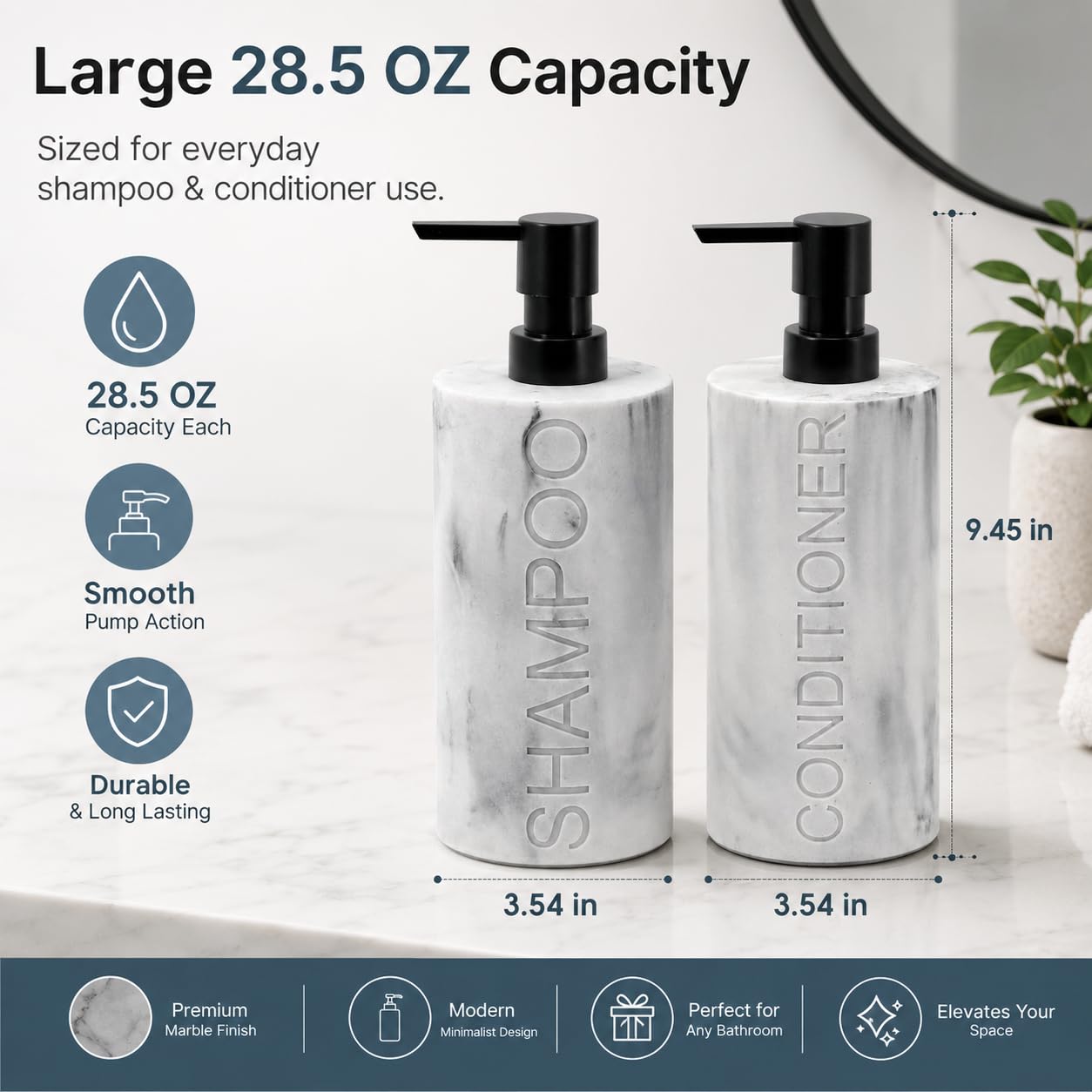 Marble Resin 2 Piece Shampoo and Conditioner Dispenser Set