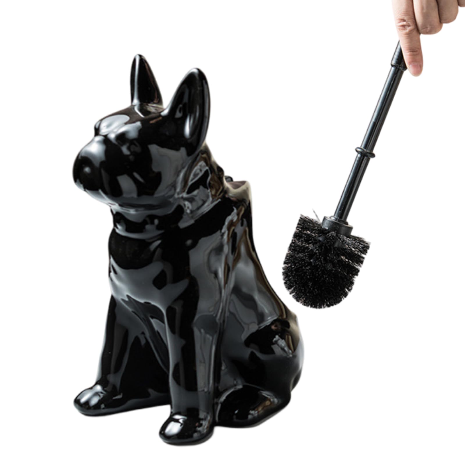 Ceramic Dog Black Toilet Brush and Holder Set with Plastic Handled