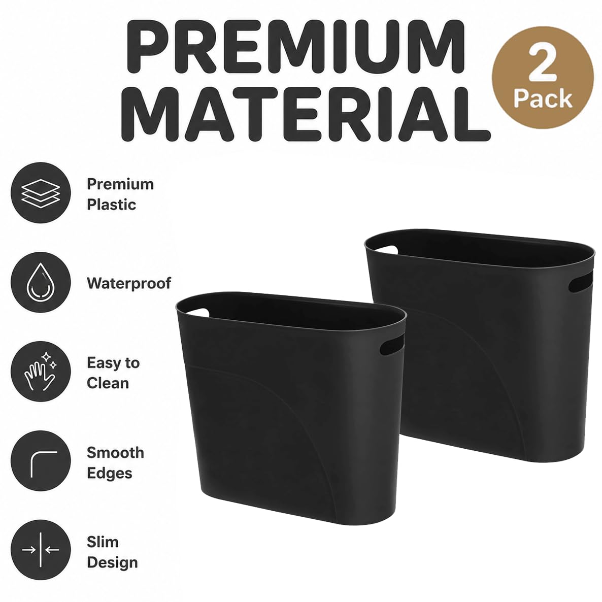 Small Trash Can Plastic Bathroom Wastebasket 3.2 Gallon Slim Garbage Container Bin with Handle for Home Kitchen Bathroom Bedroom Office (2 Count)