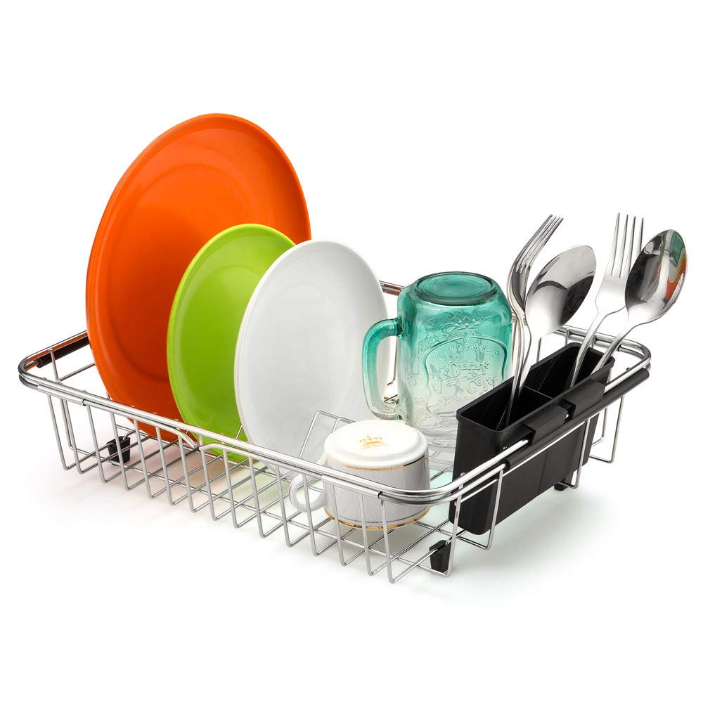 Expandable Dish Drying Rack Over the Sink Dish Drainer Dish Rack in Sink or On Counter with Utensil Silverware Storage Holder