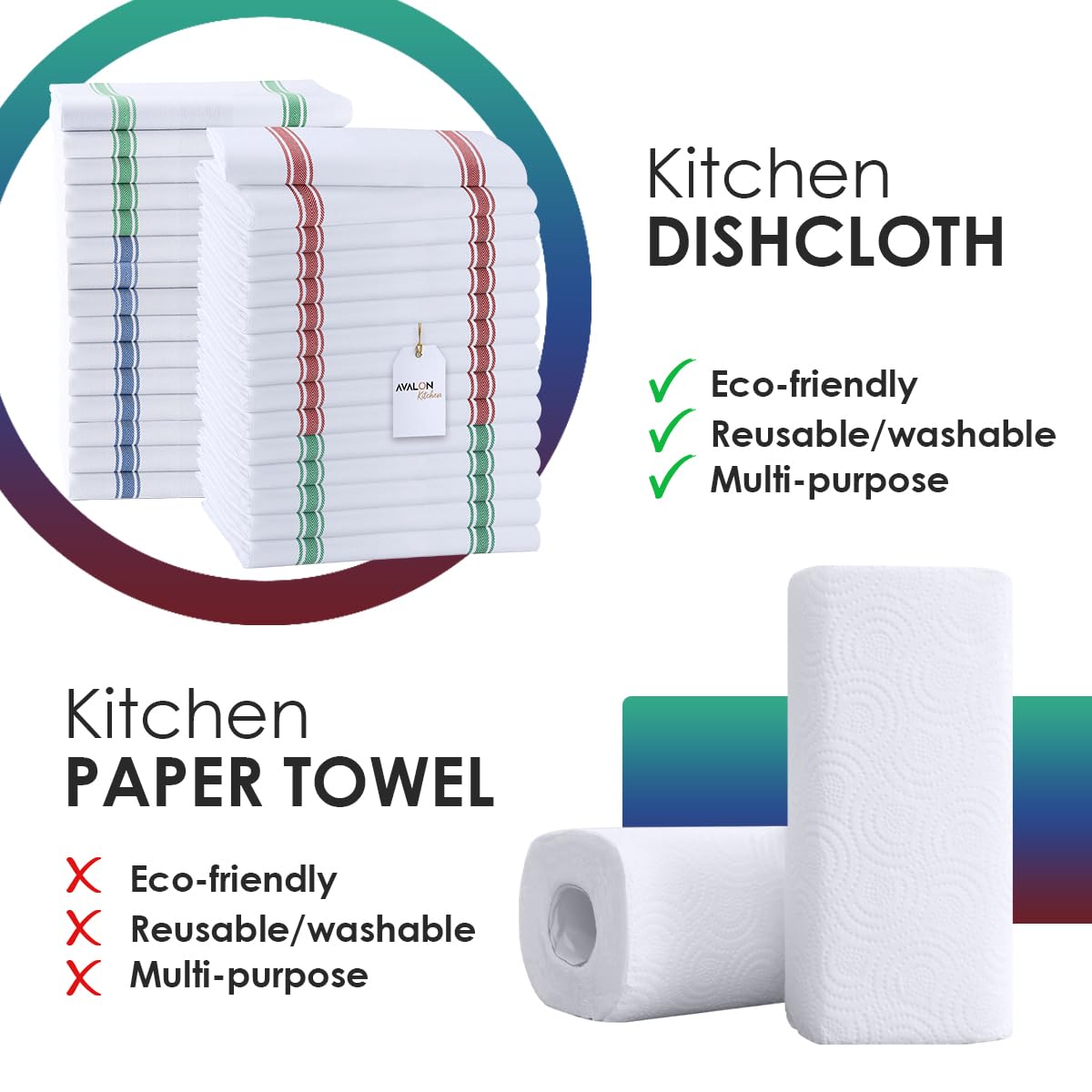 Dish Towels 30 Pack Multi Stripe 100% Cotton Kitchen Towel 15x25 Inch Tea Towels (30 Count)