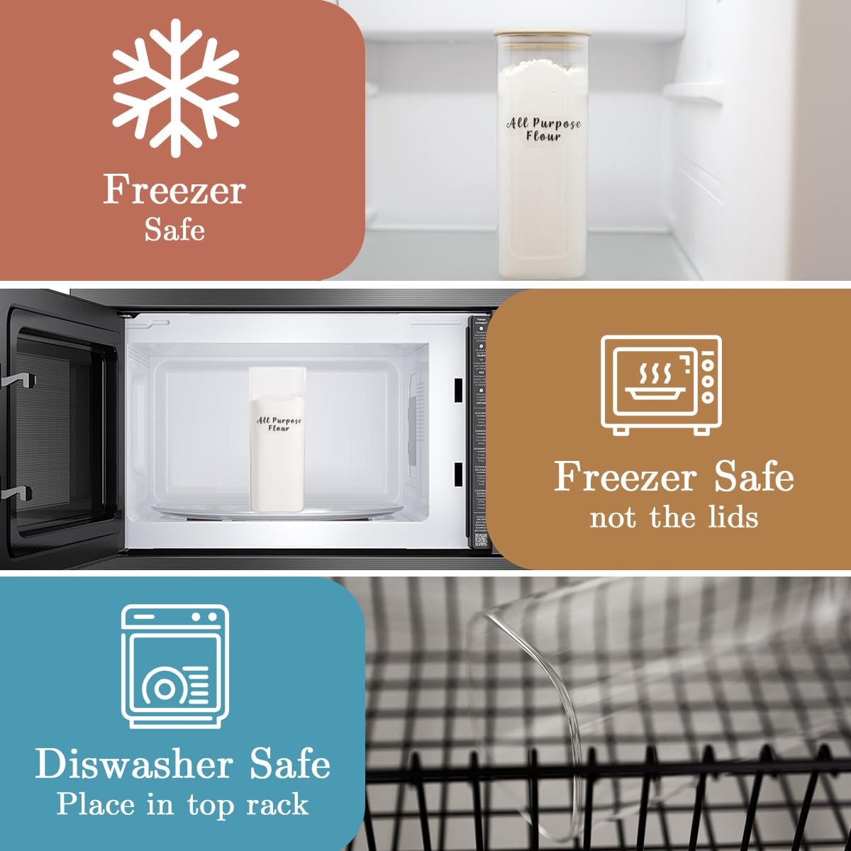 3 Pcs Square Glass Pantry Storage Containers with Bamboo Airtight Lid and 248 Clear Pantry Labels Preprinted
