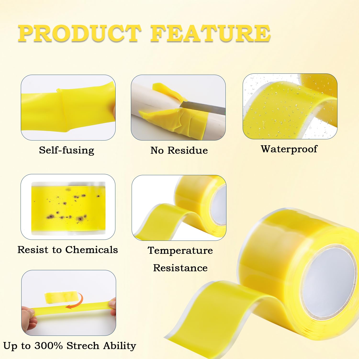 Self Fusing Silicone Tape 1 in x 5' Yellow Waterproof Rubber Leak Proof Sealing Rubber Self