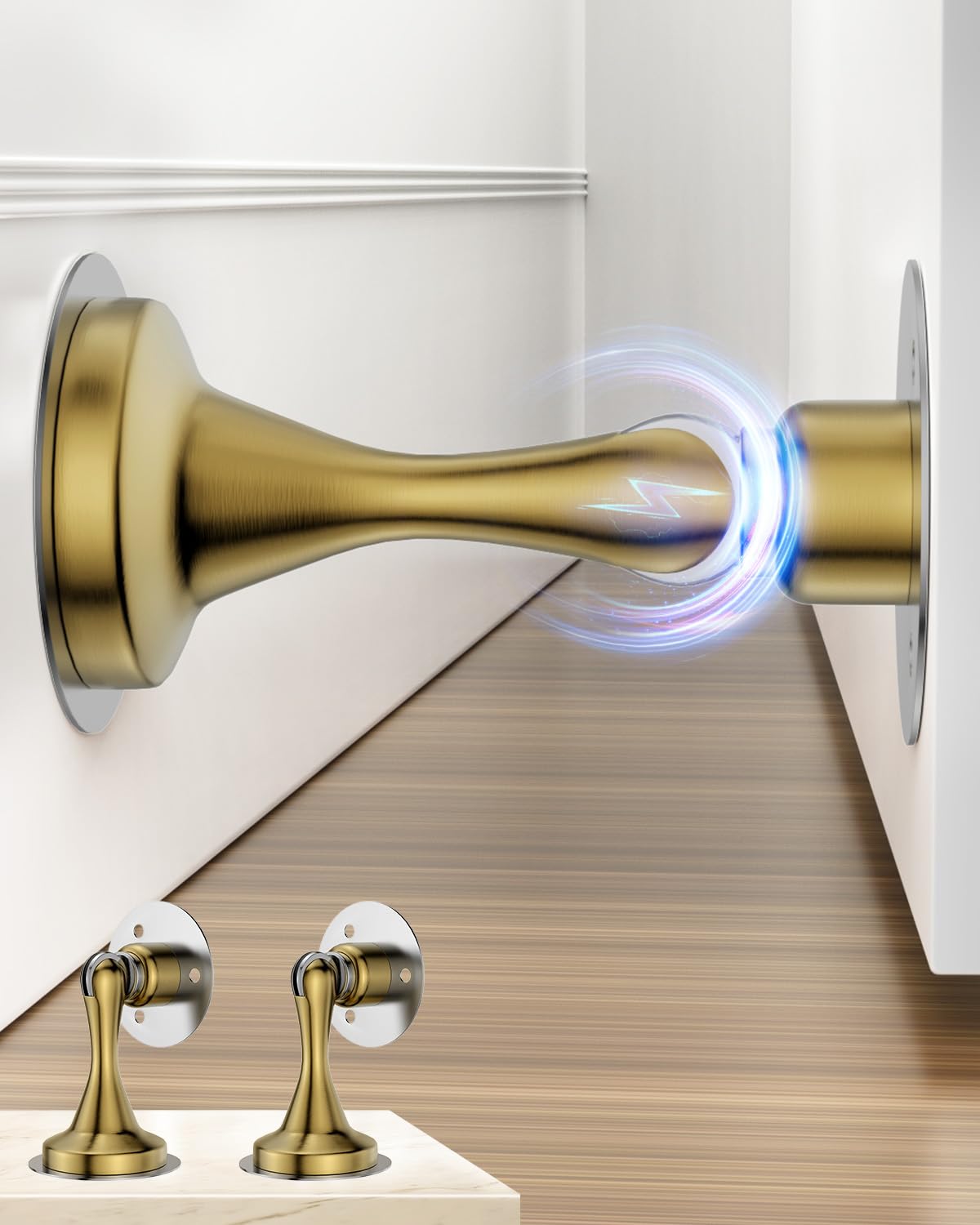 Door Stoppers for Bottom of Door Magnetic Door Catch 2 Pack Gold Wall Mount (2 Count)