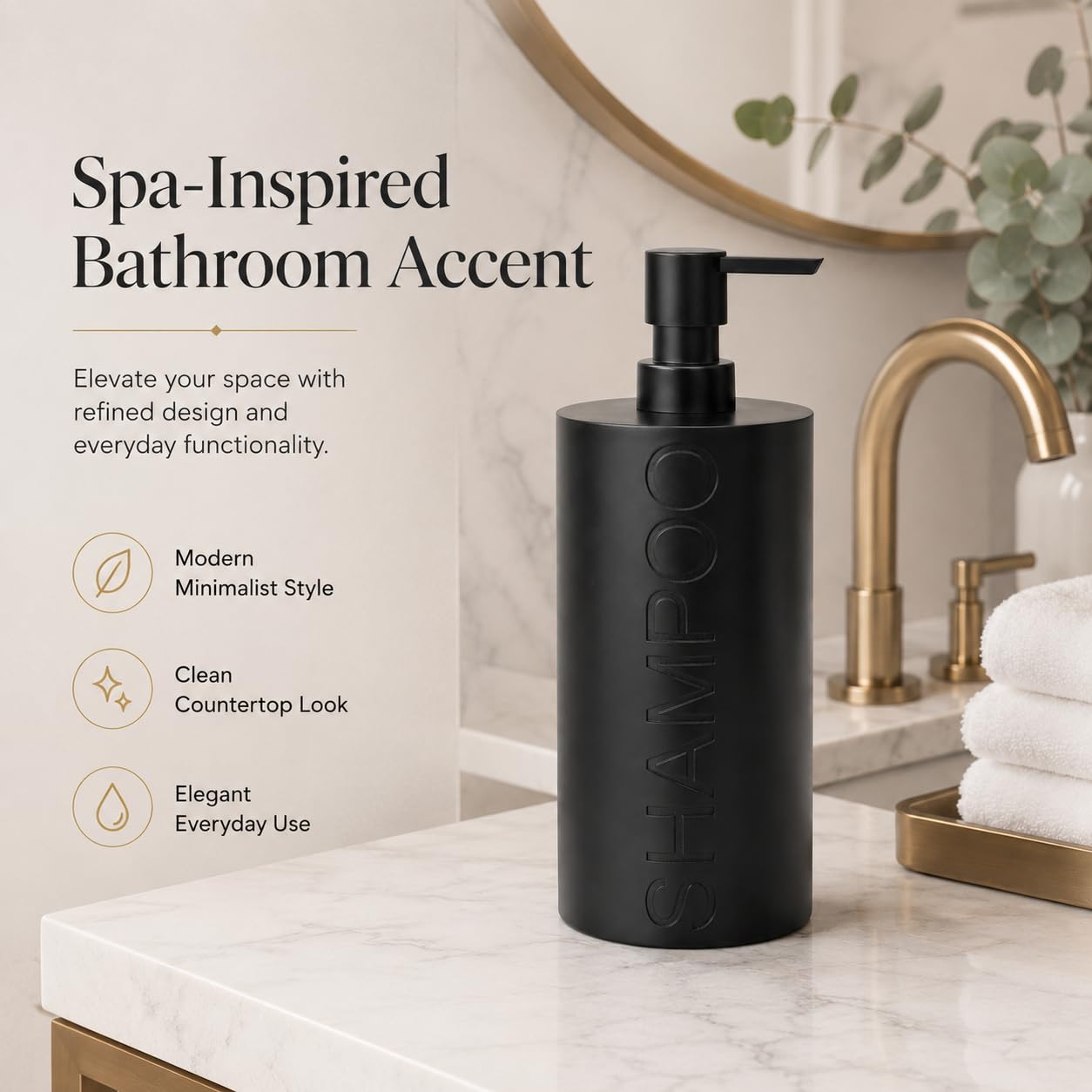 Matte Black Shampoo Dispenser Modern Refillable Pump Bottle with Embossed Text