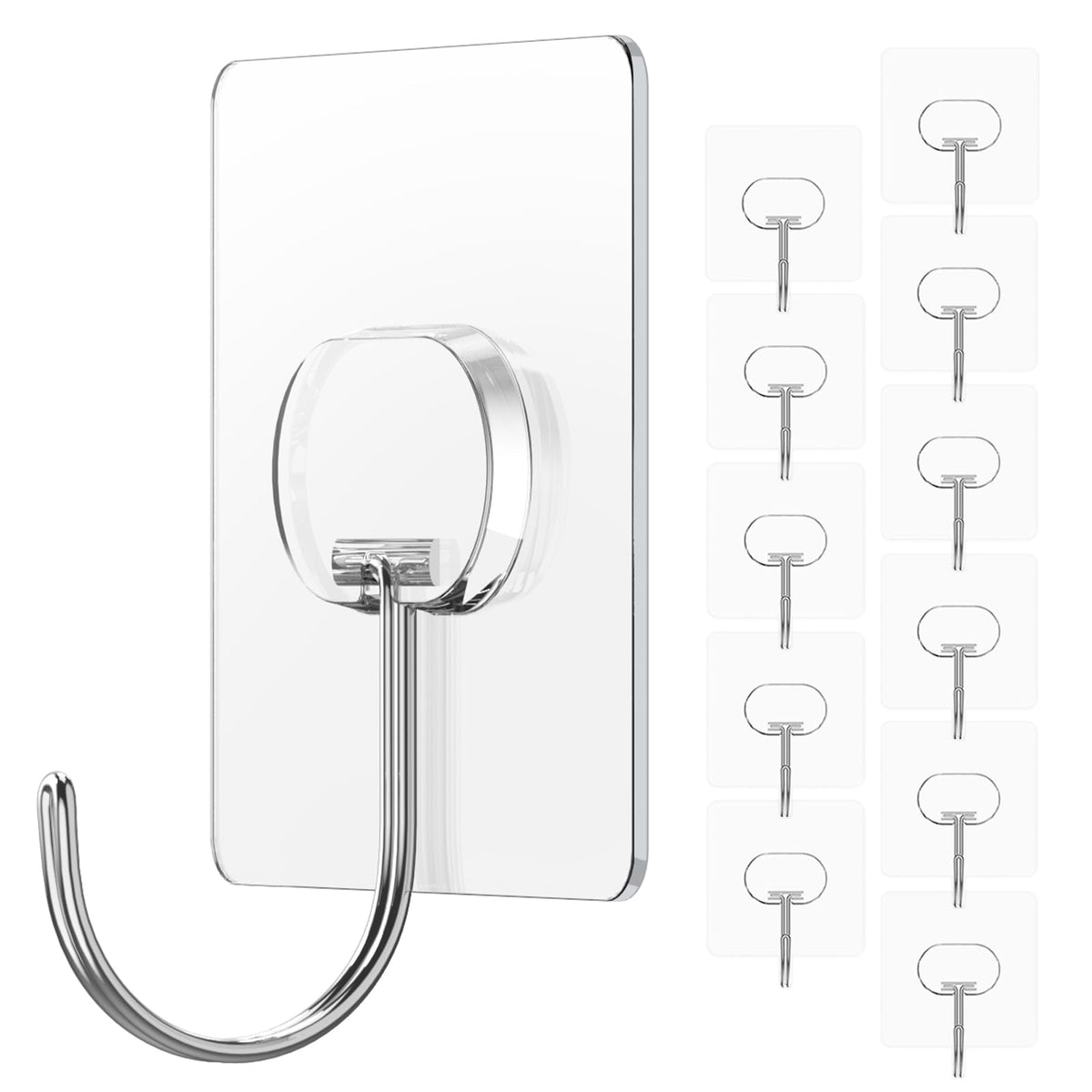 Adhesive Wall Hooks No Drill Large Clear Heavy Duty (12 Count)