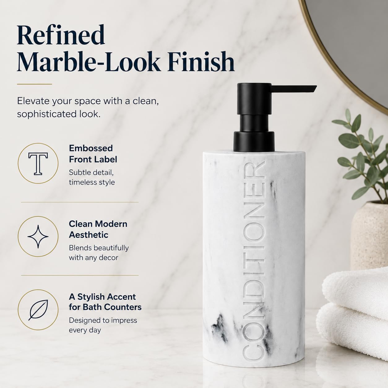 Conditioner Dispenser Luxurious Refillable Pump Bottle with Embossed Text