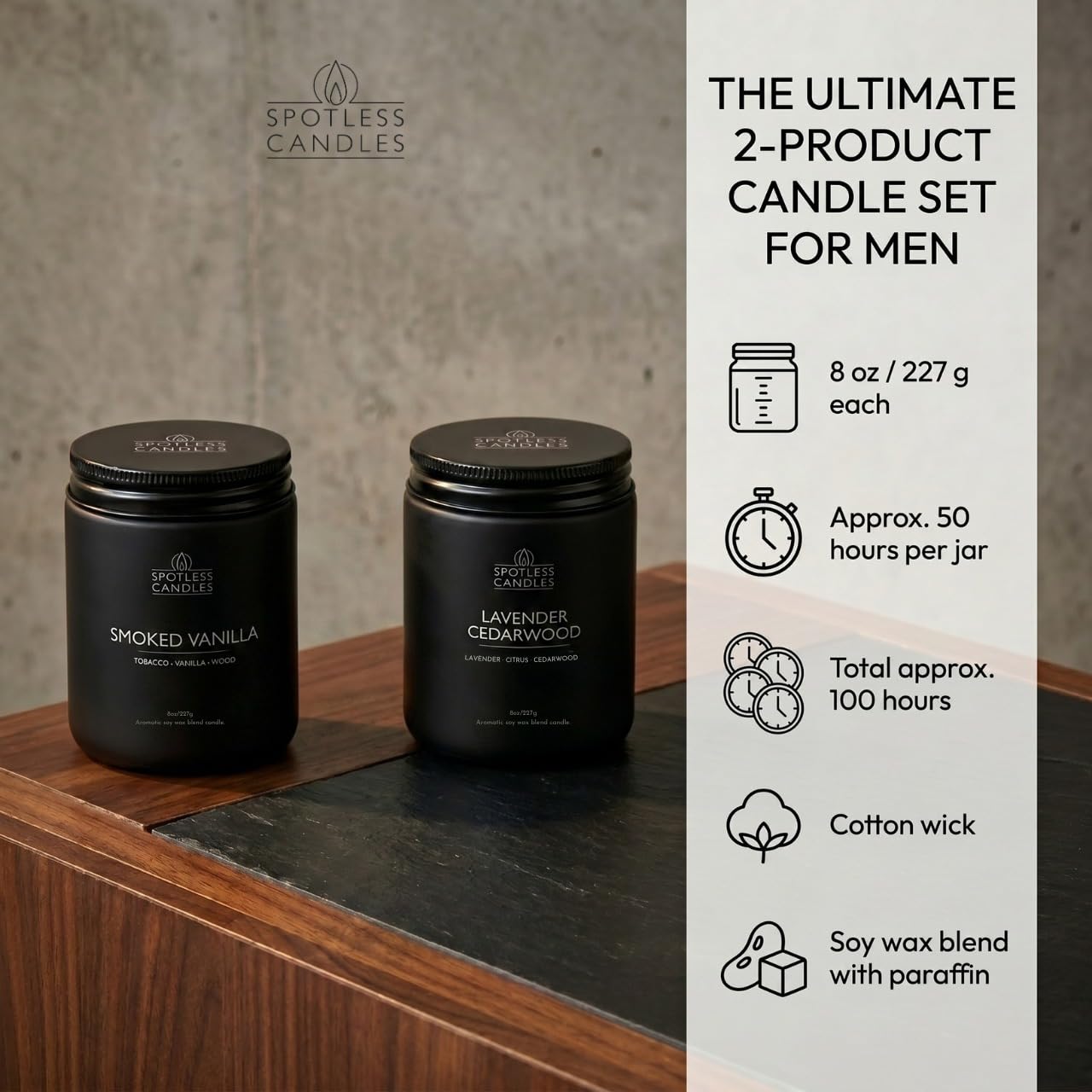 Mens Candle 2 x 8oz Pack Smoked Vanilla and Lavender Cedarwood Scents (2 Count)