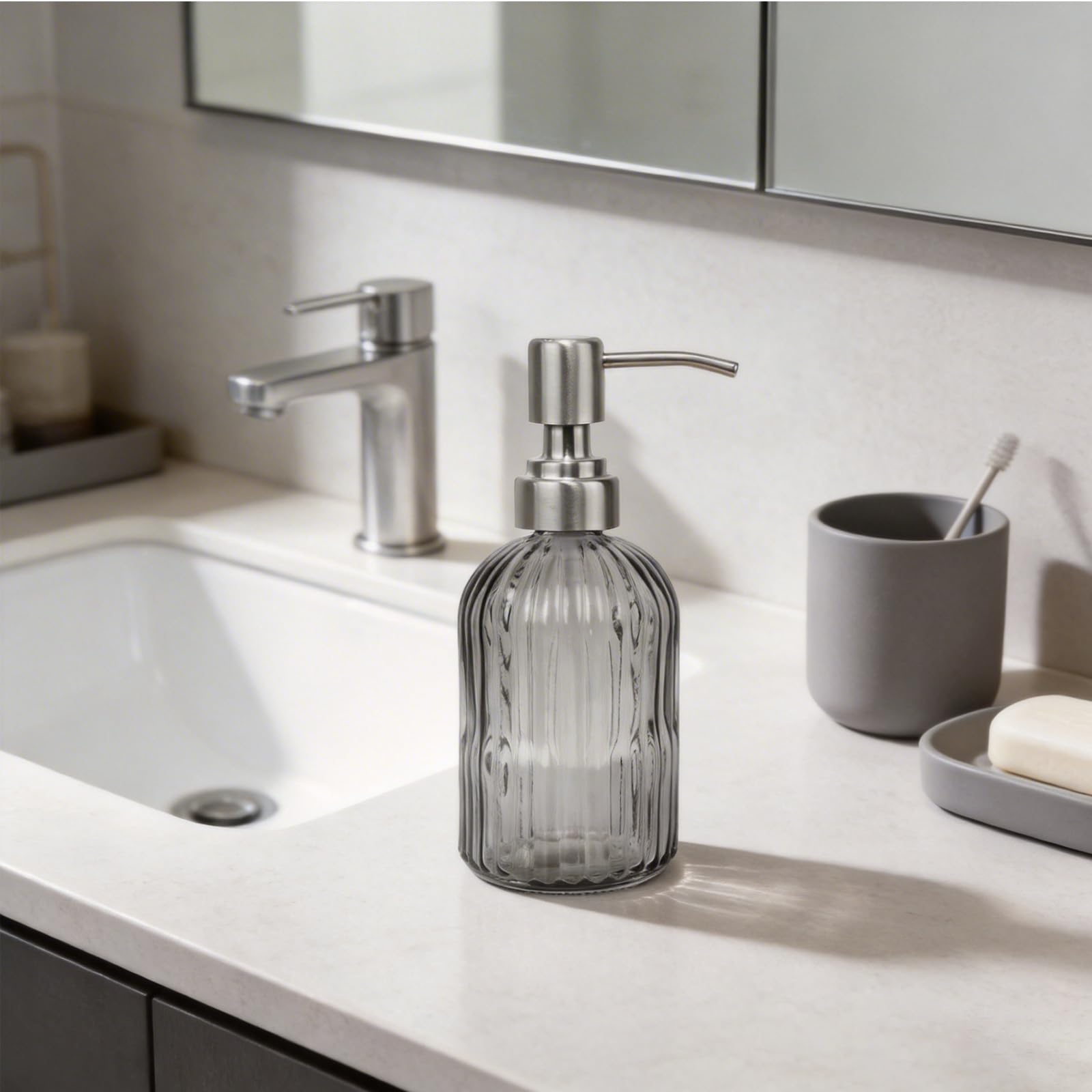 14Oz Gray Glass Soap Dispenser Bathroom