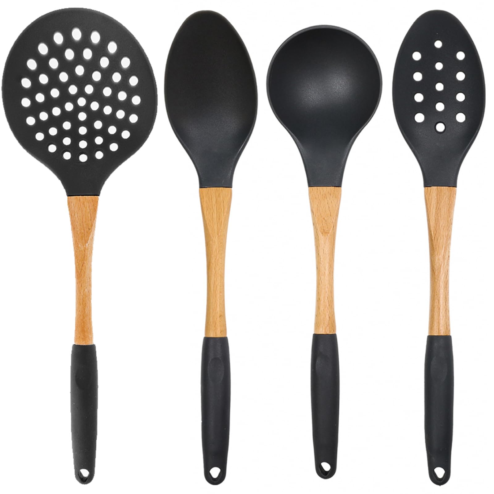 4pc Grey Nylon Cooking Spoons Kitchen Utensils Set with Wooden Handle High Heat Resistance