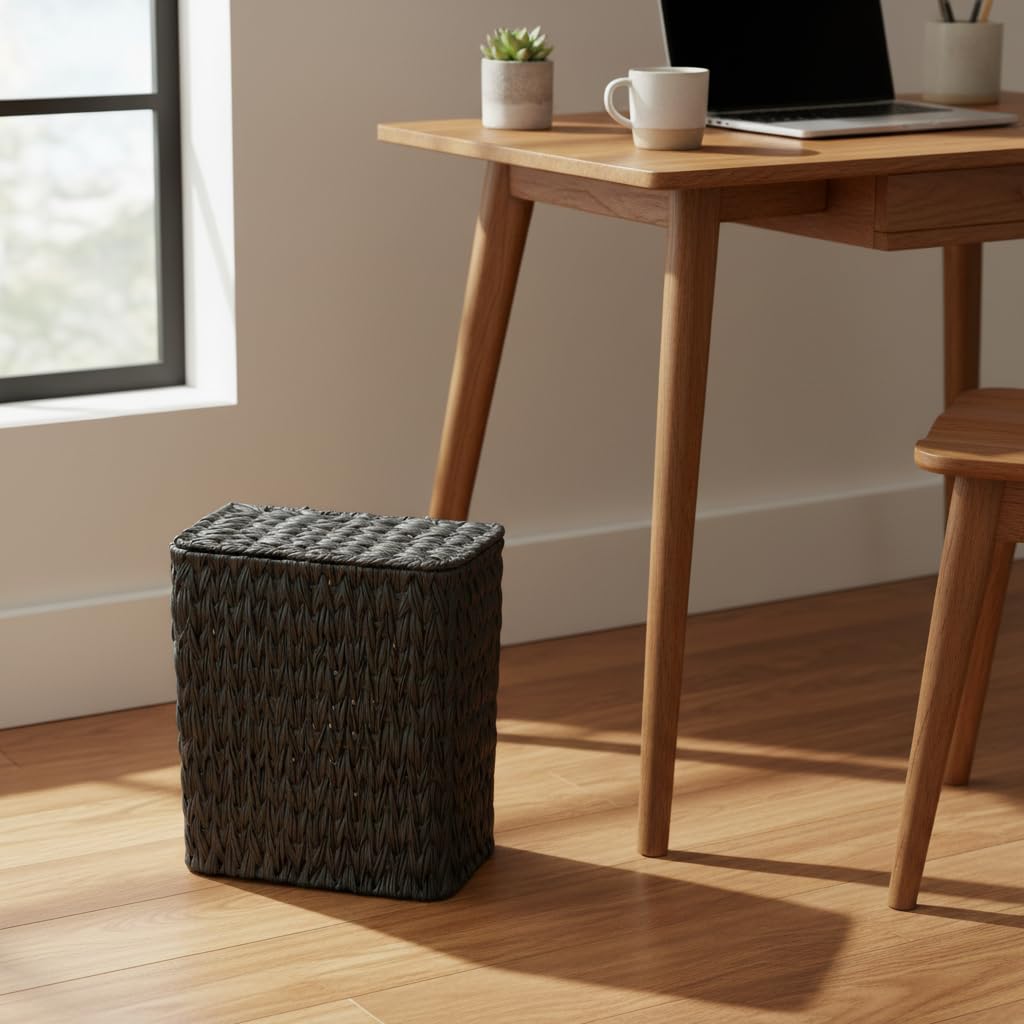 Black Wicker Trash Can with Lid and Liner