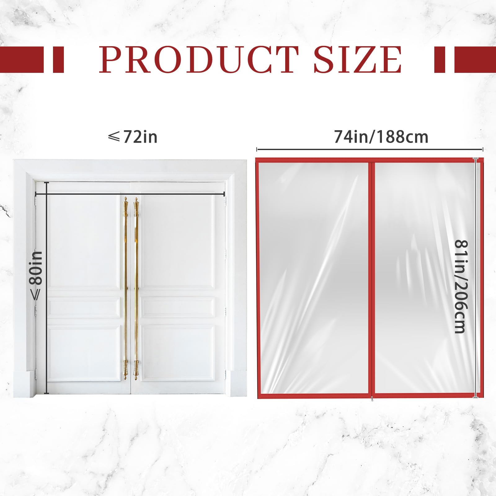 Zipper 72 x 80 Inch Dust Barrier Door Red 6 x 6.7 ft Winter Construction Door Reusable Plastic Curtain Cover Containment Standard Doorway Temporary Wall Screen Sheeting for Bathroom Hallway