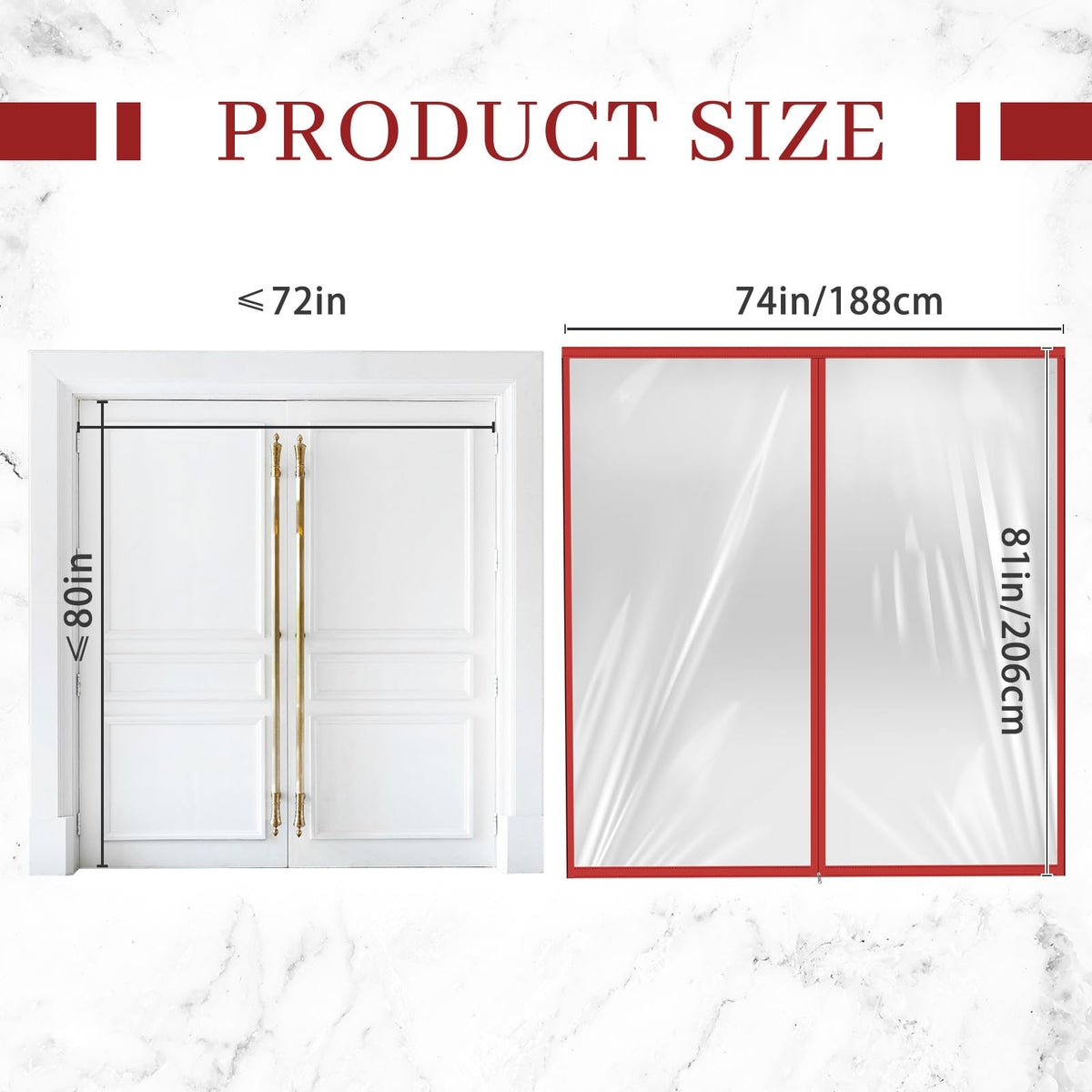 Zipper 72 x 80 Inch Dust Barrier Door Red 6 x 6.7 ft Winter Construction Door Reusable Plastic Curtain Cover Containment Standard Doorway Temporary Wall Screen Sheeting for Bathroom Hallway