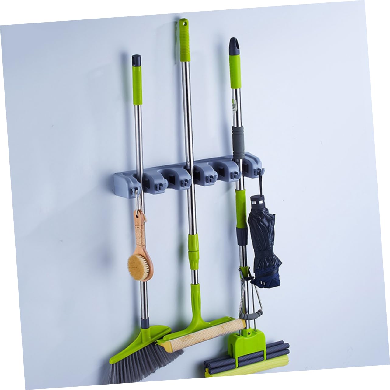 Multi Purpose Wall Mounted Mop Organizer with Grips and Hooks Storage Holder for Brooms Mops and Tools for Bathroom Kitchen and Garage Organization