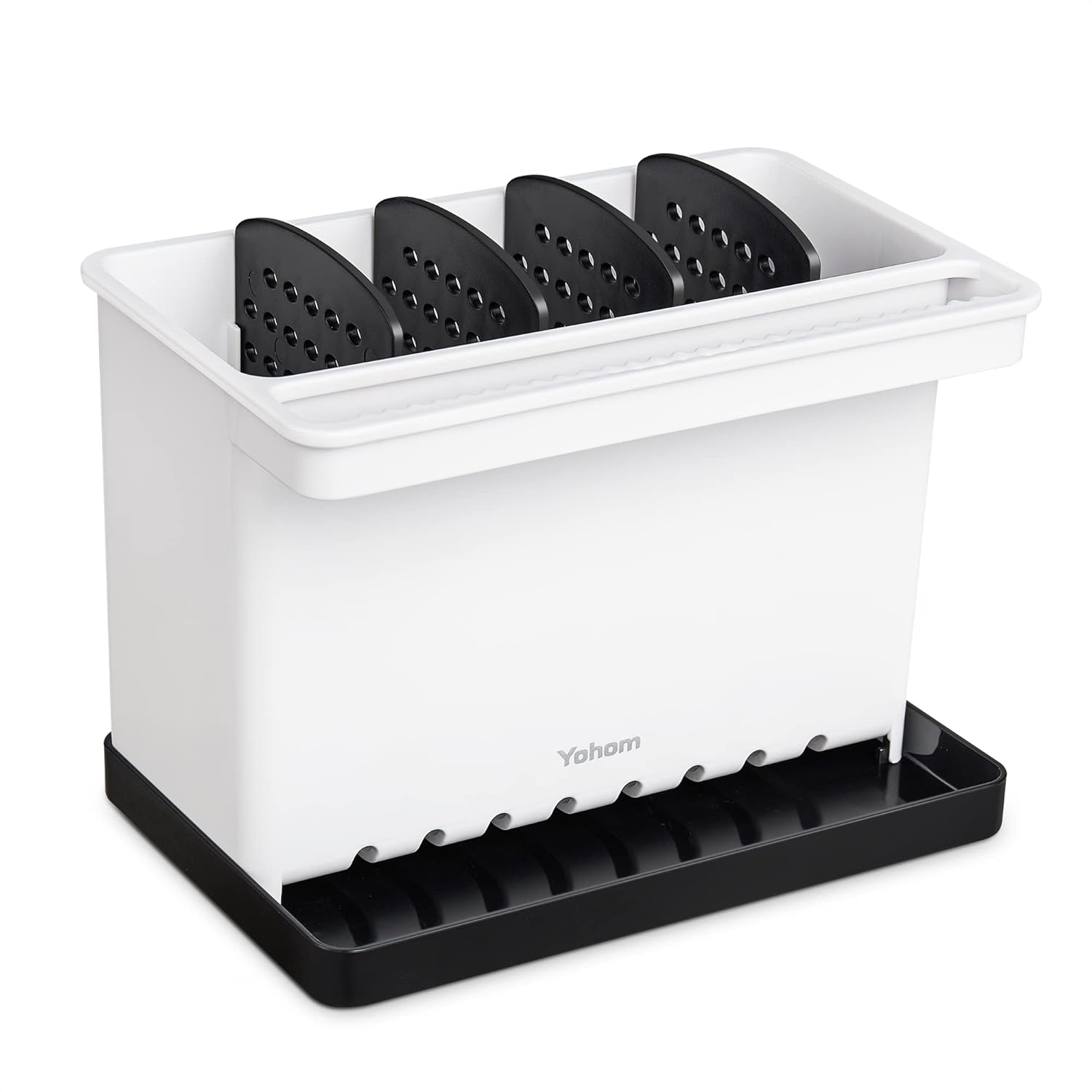 YOHOM Kitchen Sponge Brush Holder for Sink Black Dish Sponge Caddy Countertop Organizer Plastic Scrub Brush Holder with Dividers