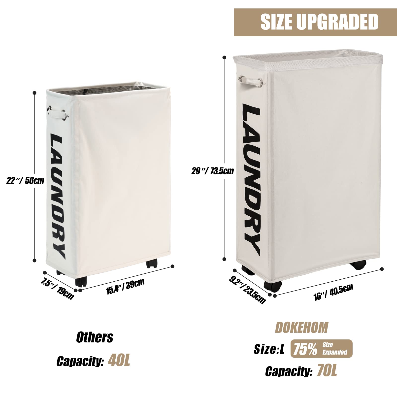 29" Enlarged Slim Rolling Laundry Basket Hamper on Wheels