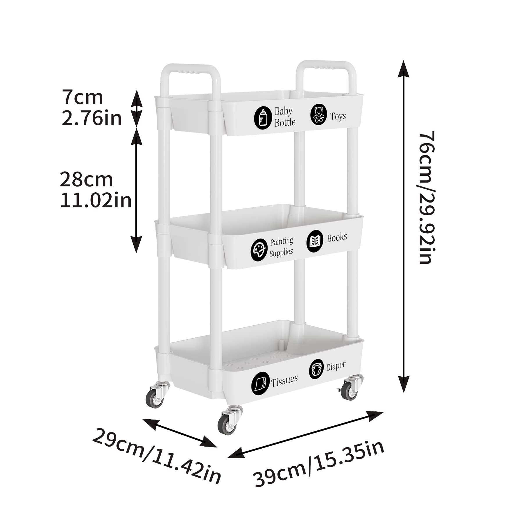 3 Tier Rolling Cart with Wheels (3 Count)