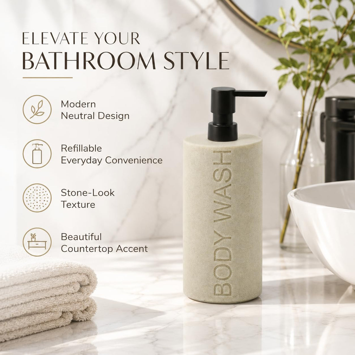 Resin Tan Sandstone Body Wash Engraved Bottle Refillable Pump Dispenser